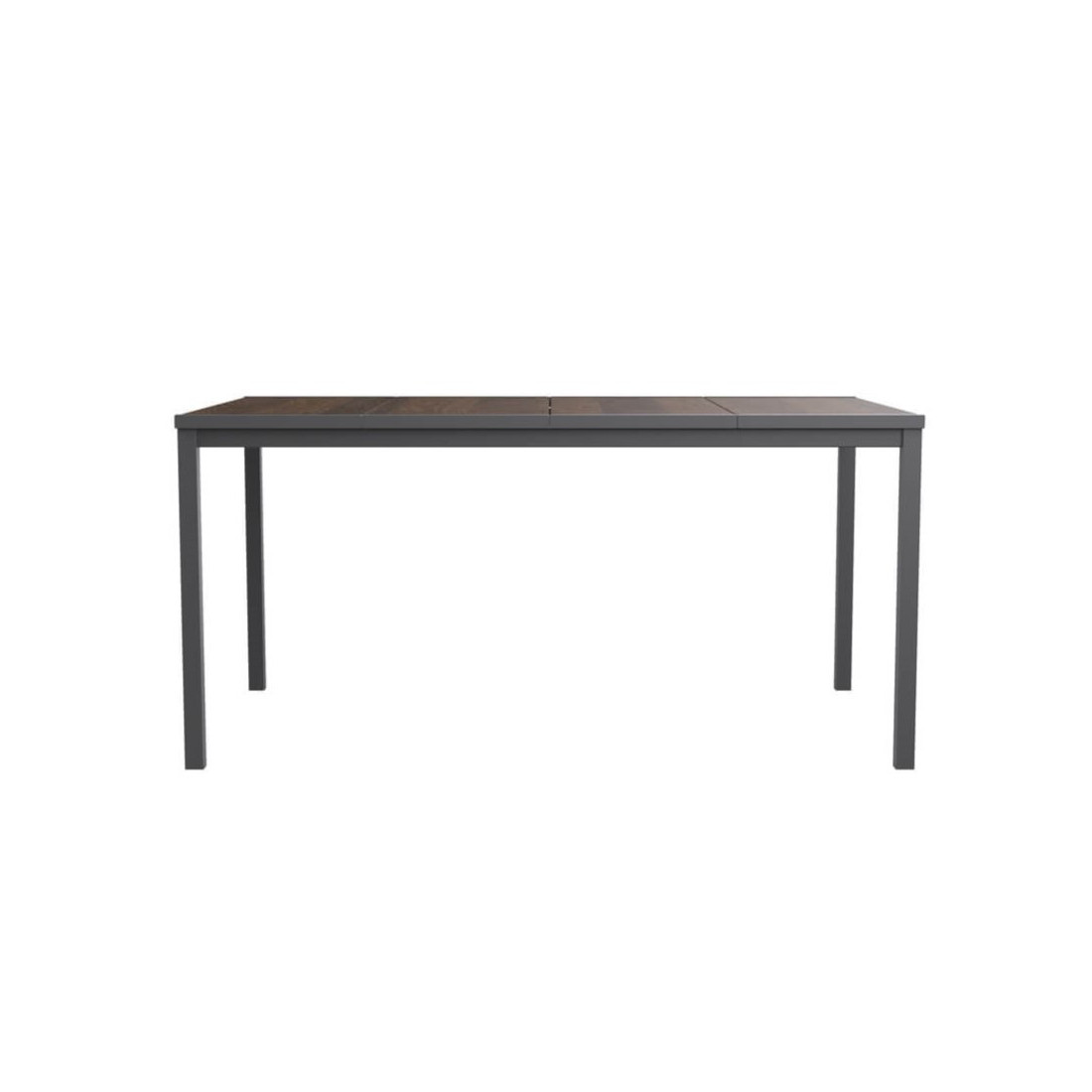 bok brązowego, ogrodowego stołu z czarną ramą