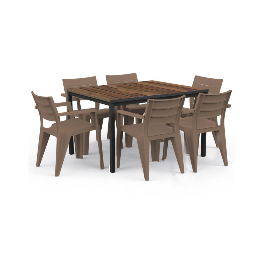 wizualizacja stołu ogrodowego z brązowymi krzesłami