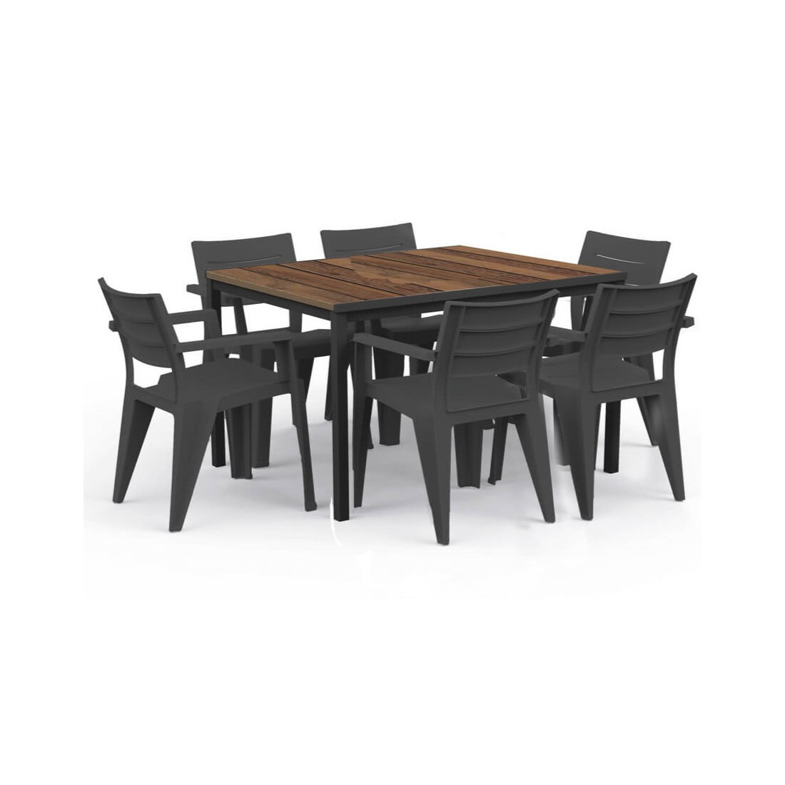 ilustracja przedstawiająca stół do ogrodu z czarnymi, ogrodowymi krzesłami