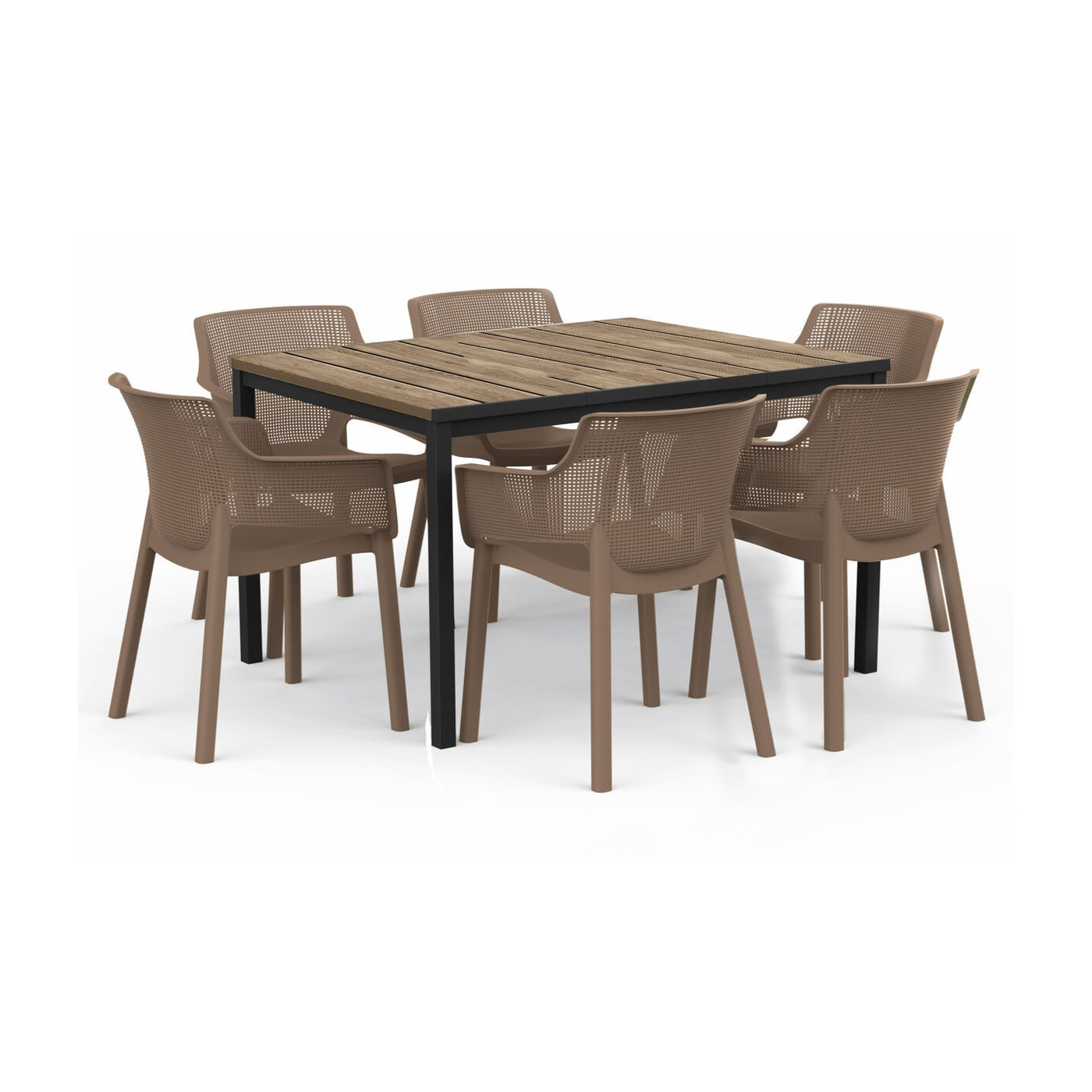 Brązowy stół ogrodowy z brązowymi krzesłami idealny do ogrodu