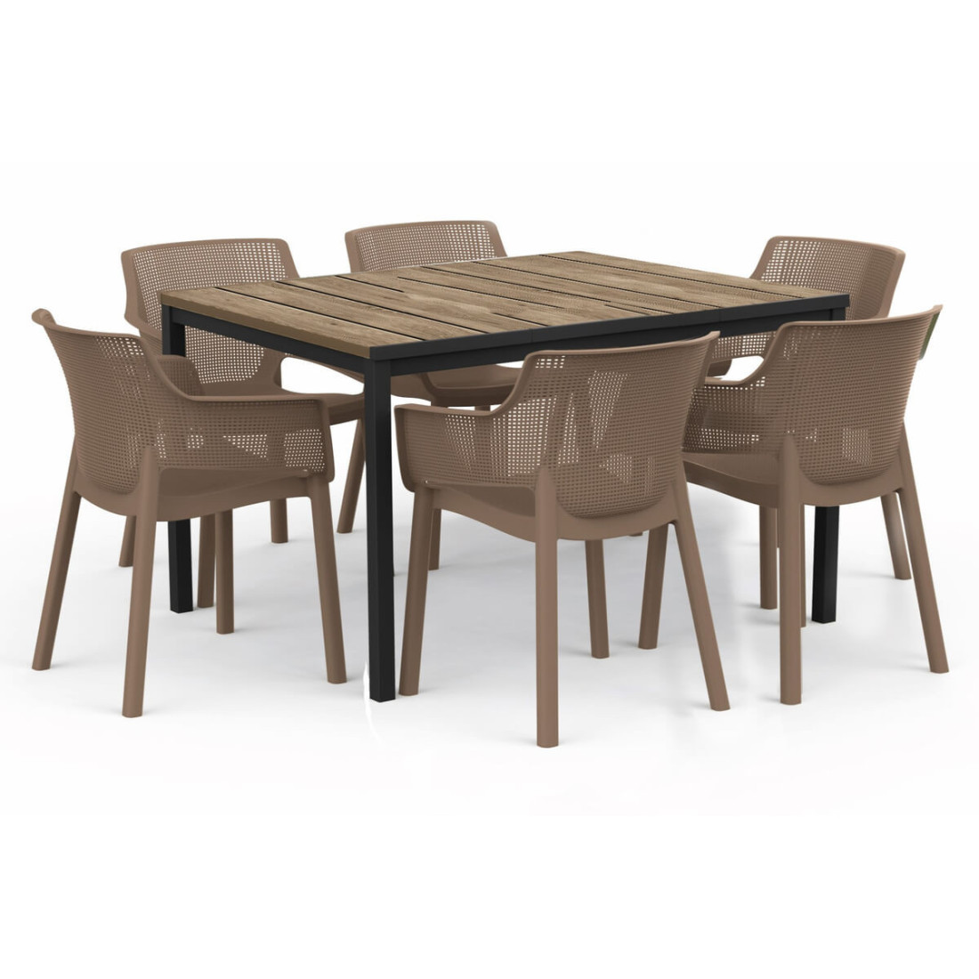 Brązowy stół ogrodowy z brązowymi krzesłami idealny do ogrodu