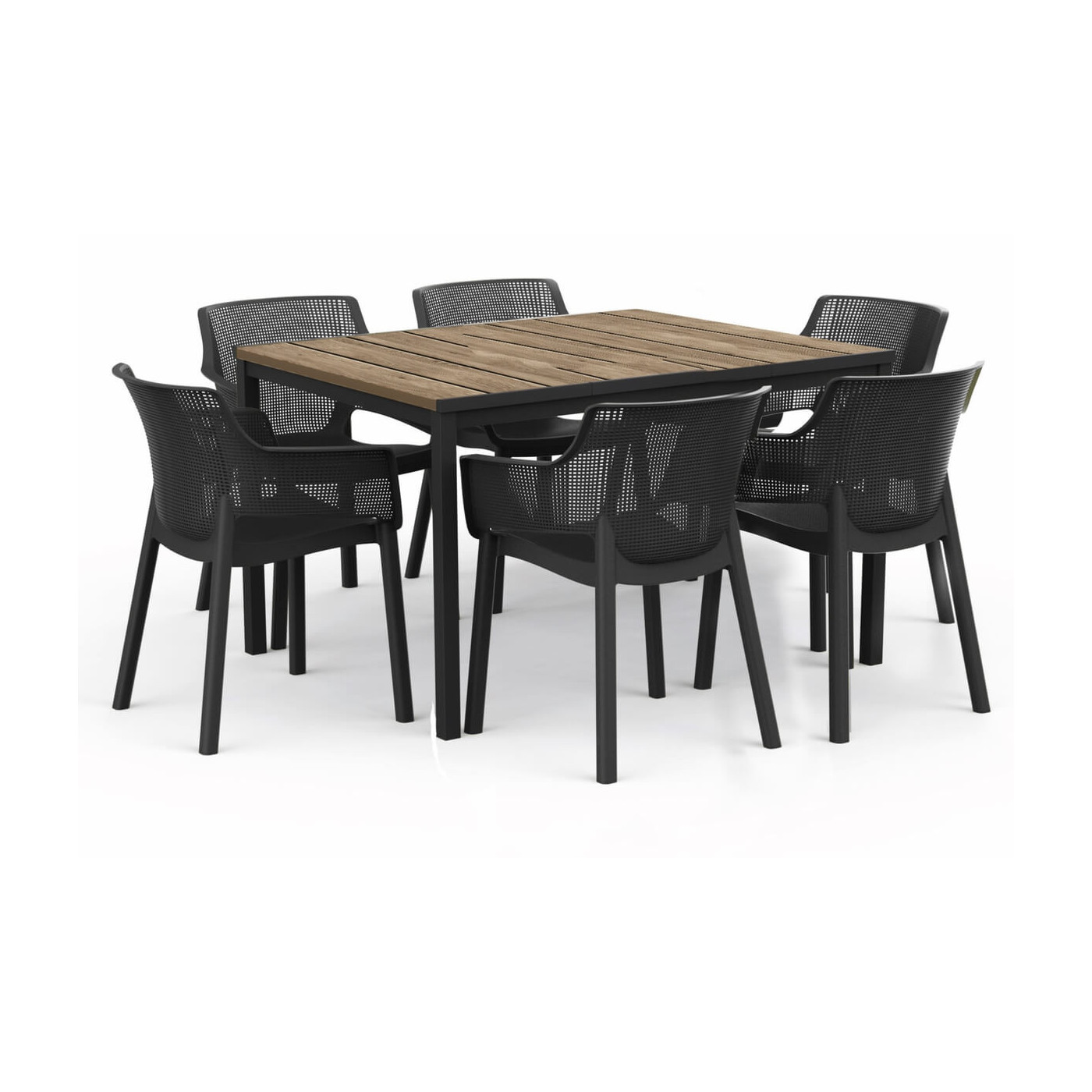 Sześć, czarnych krzeseł i brązowy stół idealne na taras