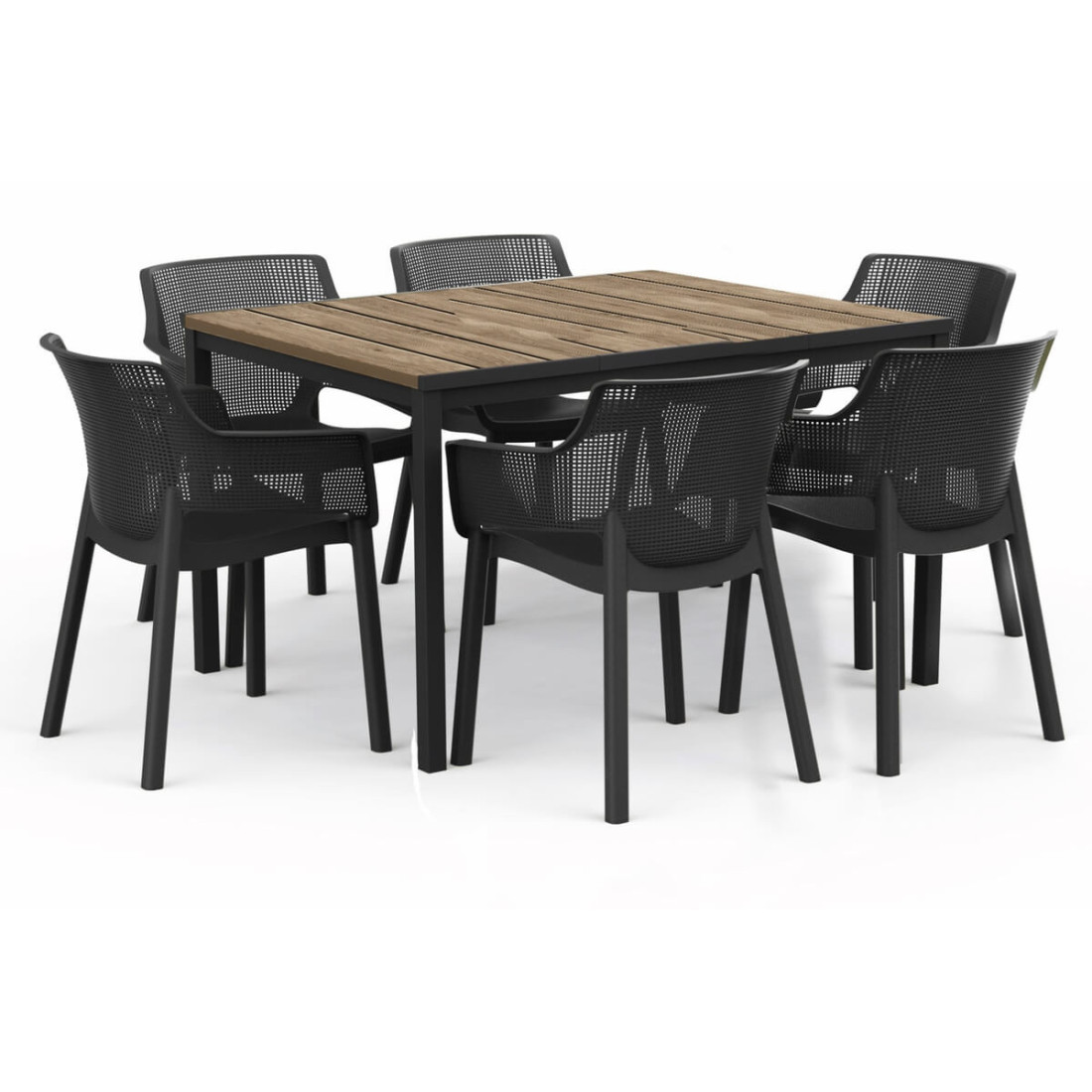 Sześć, czarnych krzeseł i brązowy stół idealne na taras