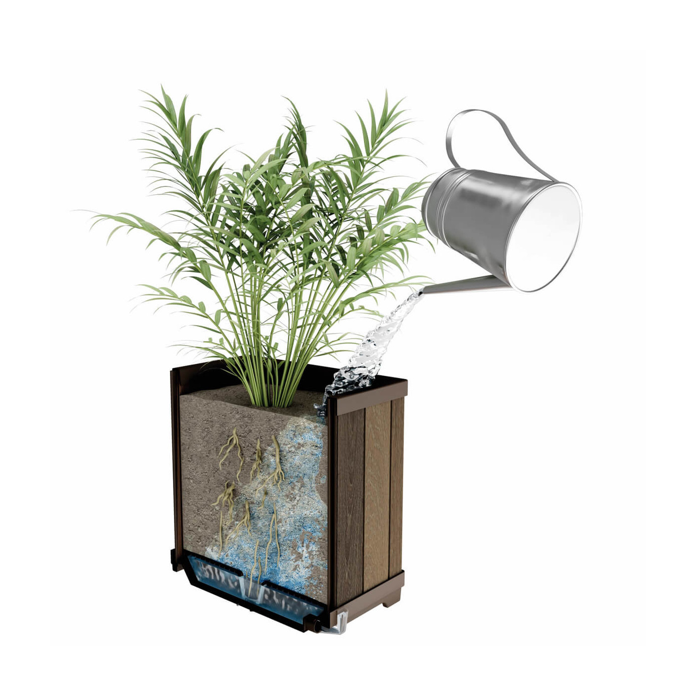 zielona roślina doniczkowa w brązowej, kwadratowej doniczce jest podlewana szarą konewką