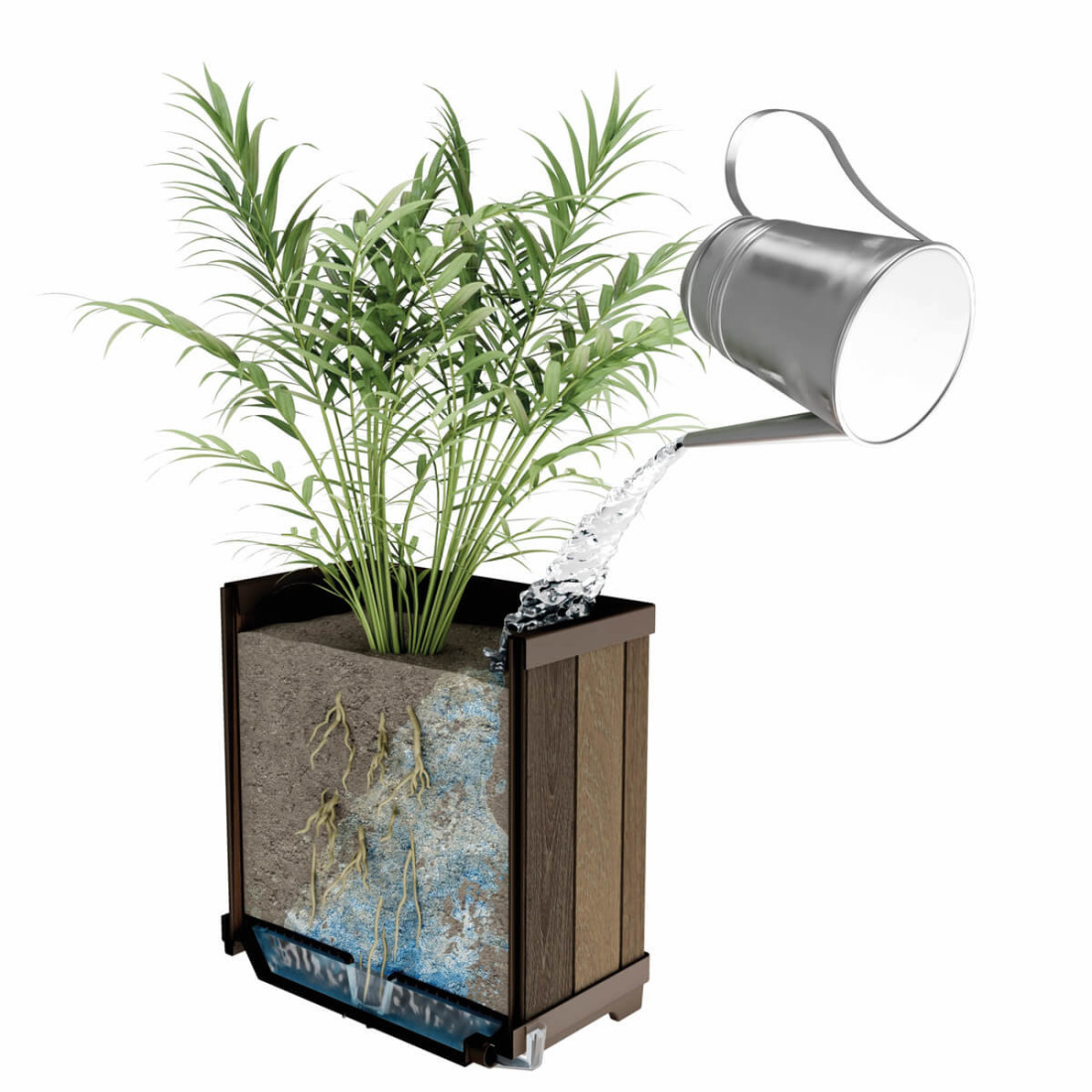 zielona roślina doniczkowa w brązowej, kwadratowej doniczce jest podlewana szarą konewką