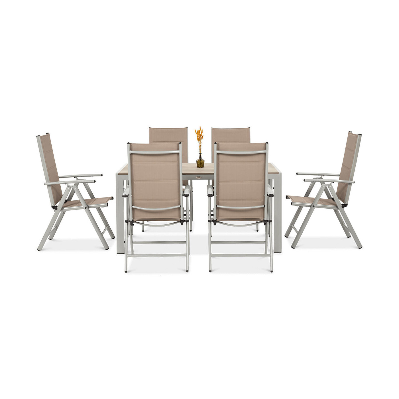 bok sześcioosobowego zestawu ogrodowego sydeny w kolorze srebrnym i taupe 