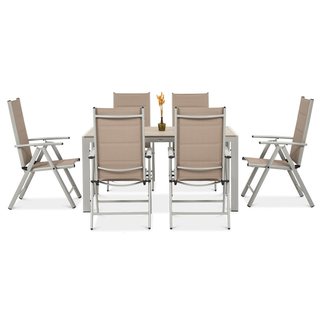 bok sześcioosobowego zestawu ogrodowego sydeny w kolorze srebrnym i taupe 