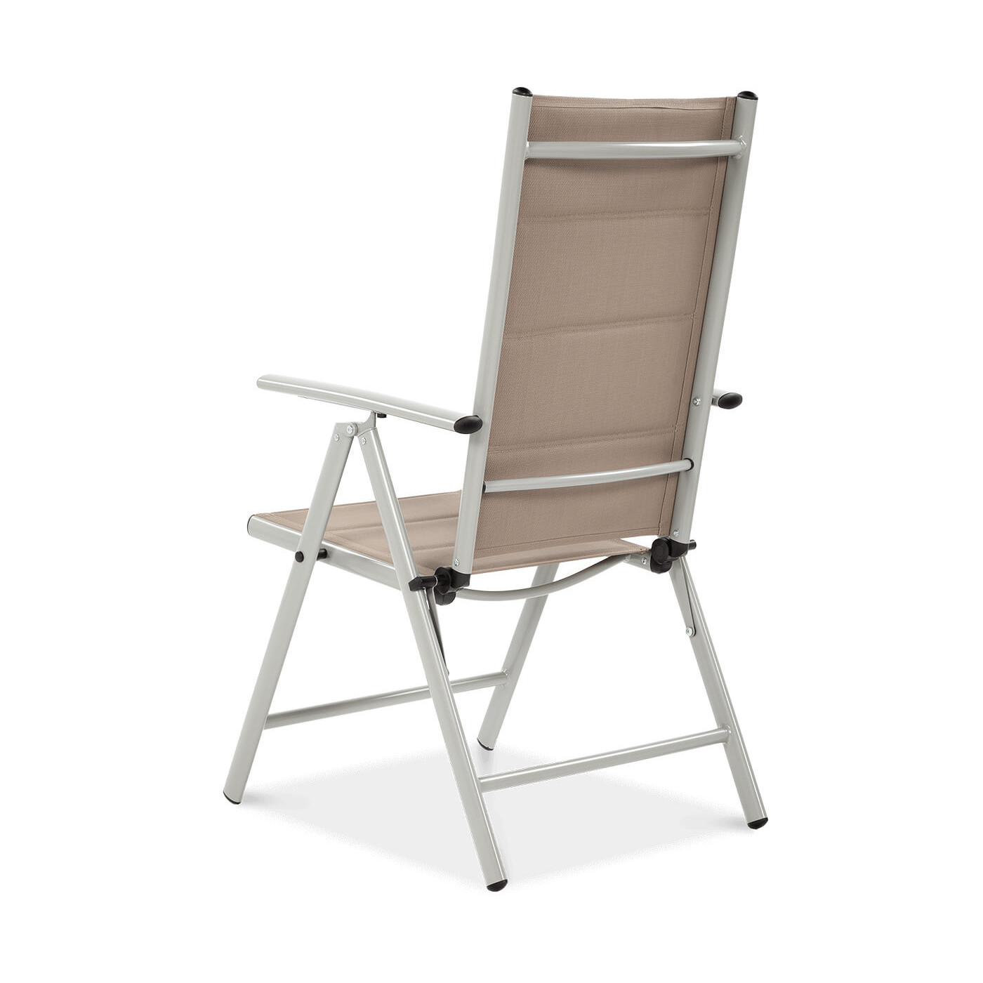 tył wygodnego krzesła w kolorach srebrnym i taupe