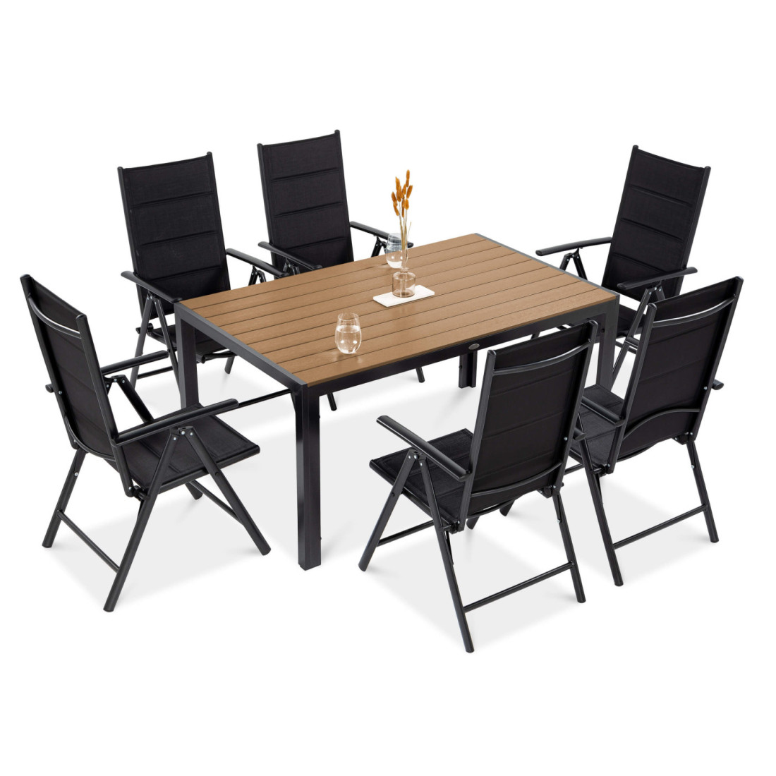 zestaw jadalniany na ogród dla 6 osób Sydney w kolorze ciemno szarym i z stołem z blatem na wzór drewna