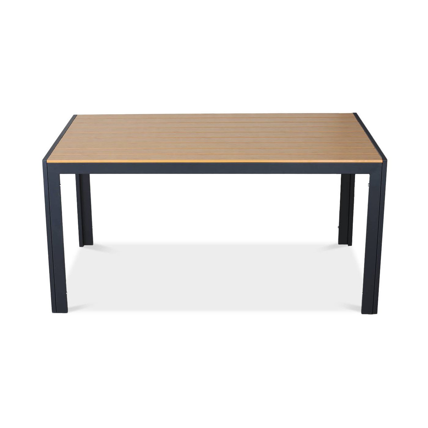 ciemno szary stół jadalniany z aluminium z blatem w kolorze drewna - blat wykonany w technologii polywood