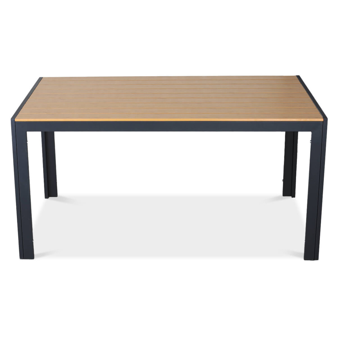 ciemno szary stół jadalniany z aluminium z blatem w kolorze drewna - blat wykonany w technologii polywood