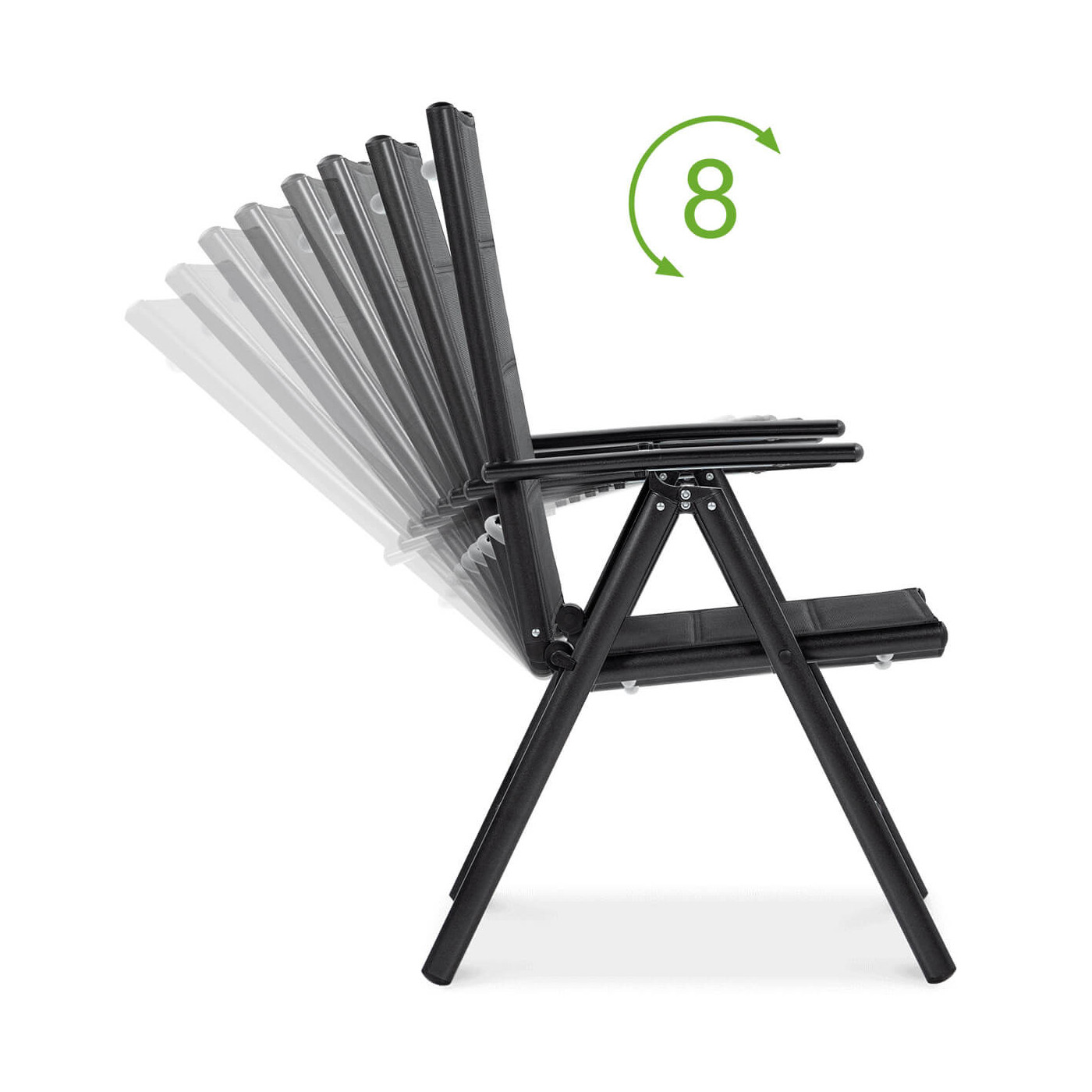 grafika przedstawiająca osiem różnych możliwości regulacji oparcia w krześle z zestawu sydney