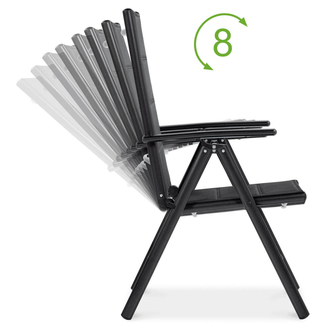 grafika przedstawiająca osiem różnych możliwości regulacji oparcia w krześle z zestawu sydney