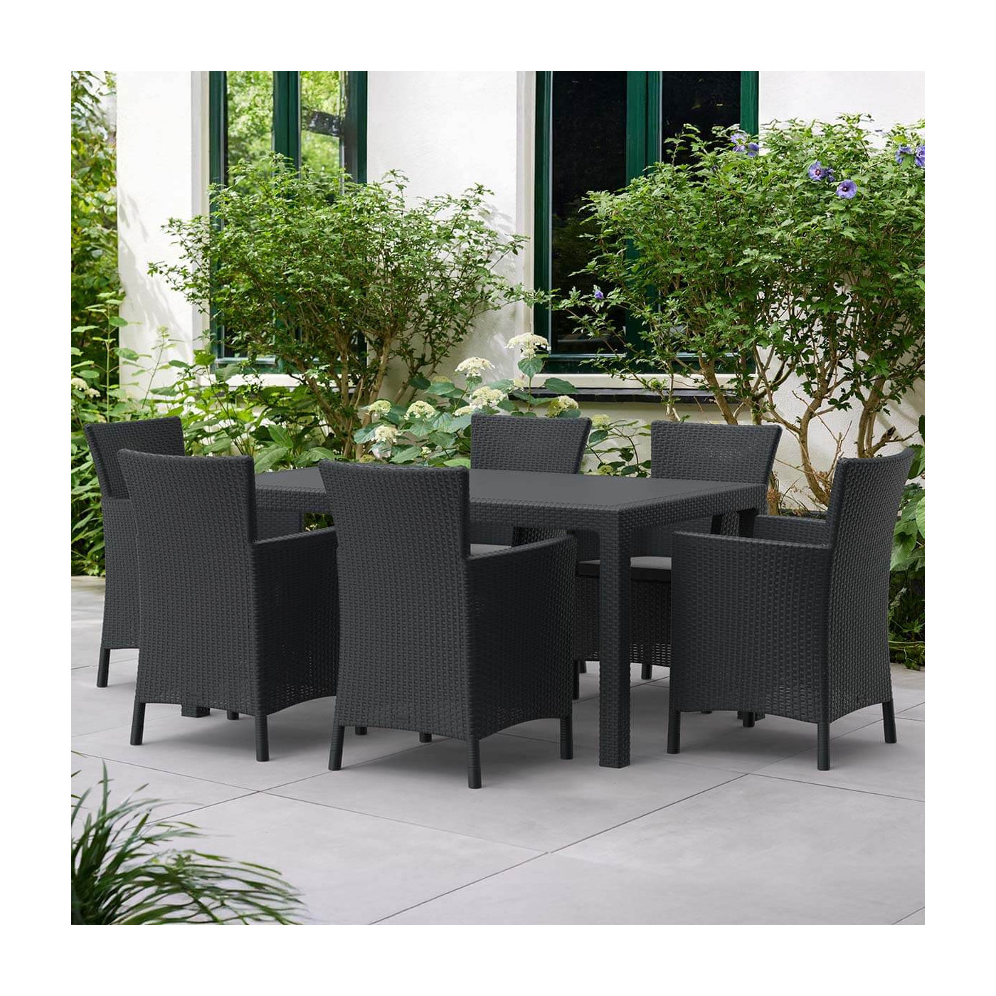 aranżacja na tarasie kompletu ogrodowego jadalnianego iowa/melody 6+1 w kolorze grafitowym