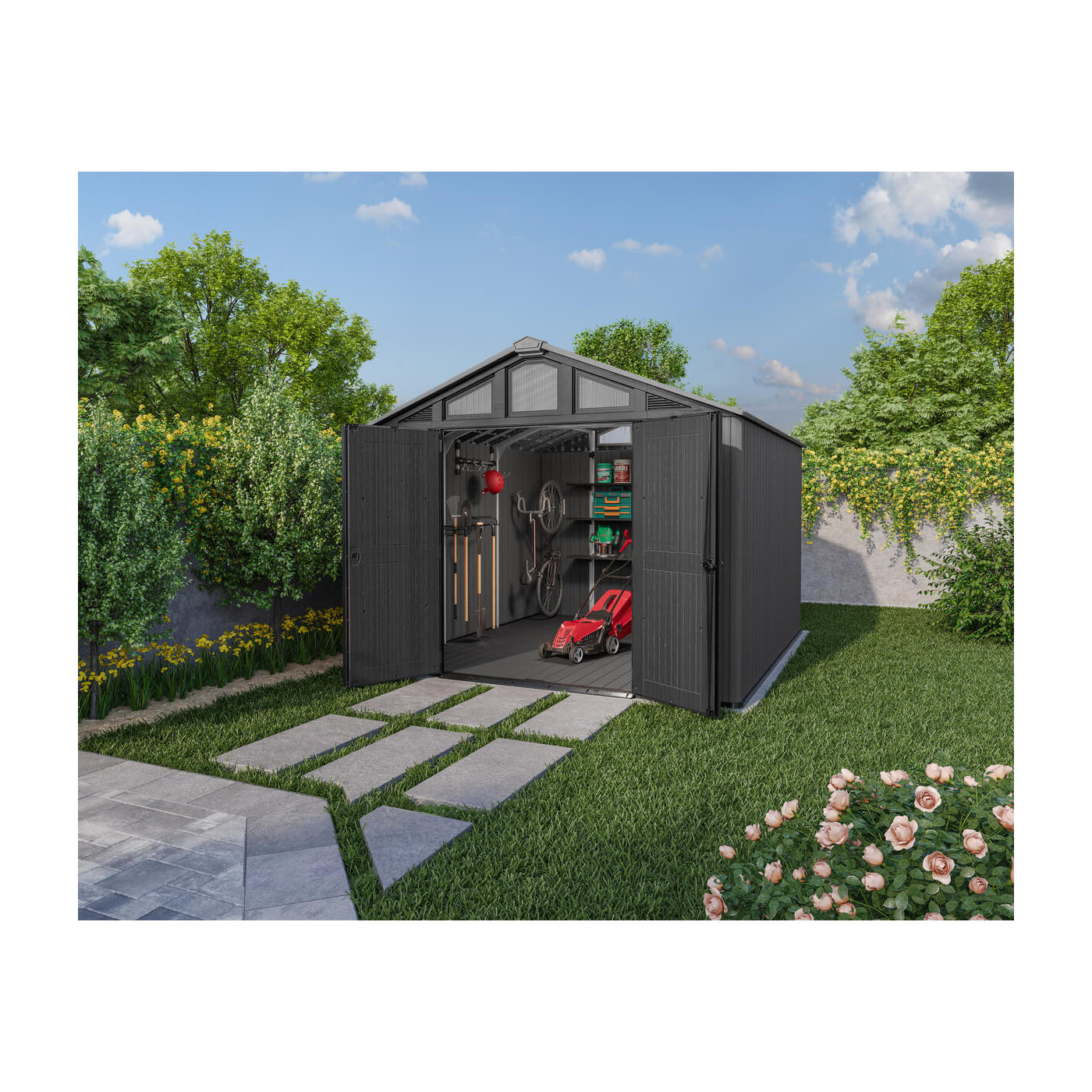 Otwarty domek narzędziowy, w którym znajduje się czerwona kosiarka, czarny rower i akcesoria ogrodowe 