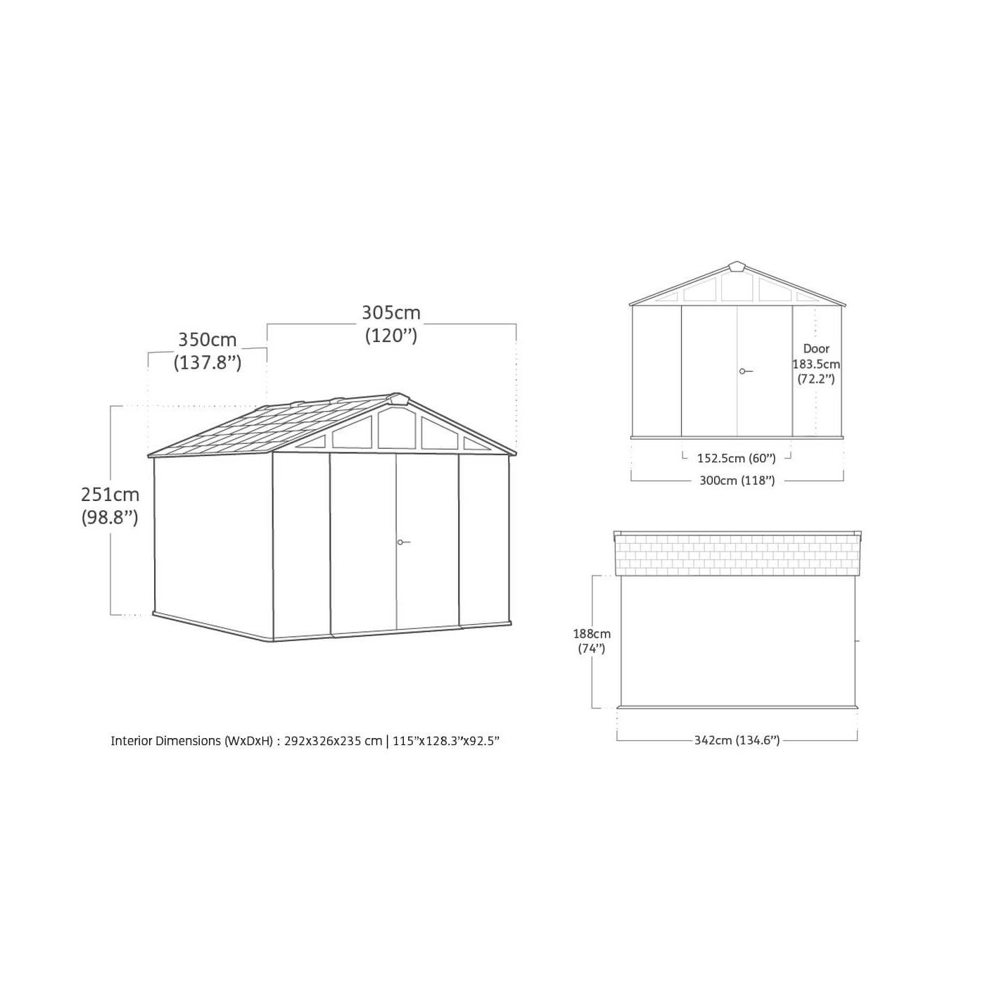 Wymiary domku narzędziowego STRONGHOLD SHED 10x11,5 szary - Keter