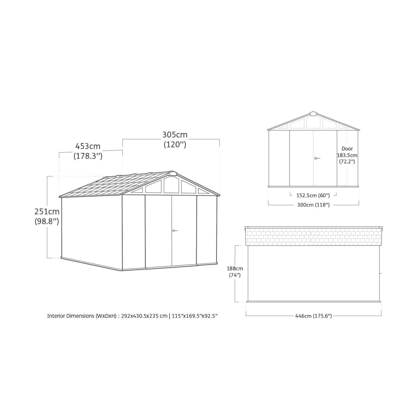 Wymiary domku narzędziowego STRONGHOLD SHED 10x15 szary - Keter
