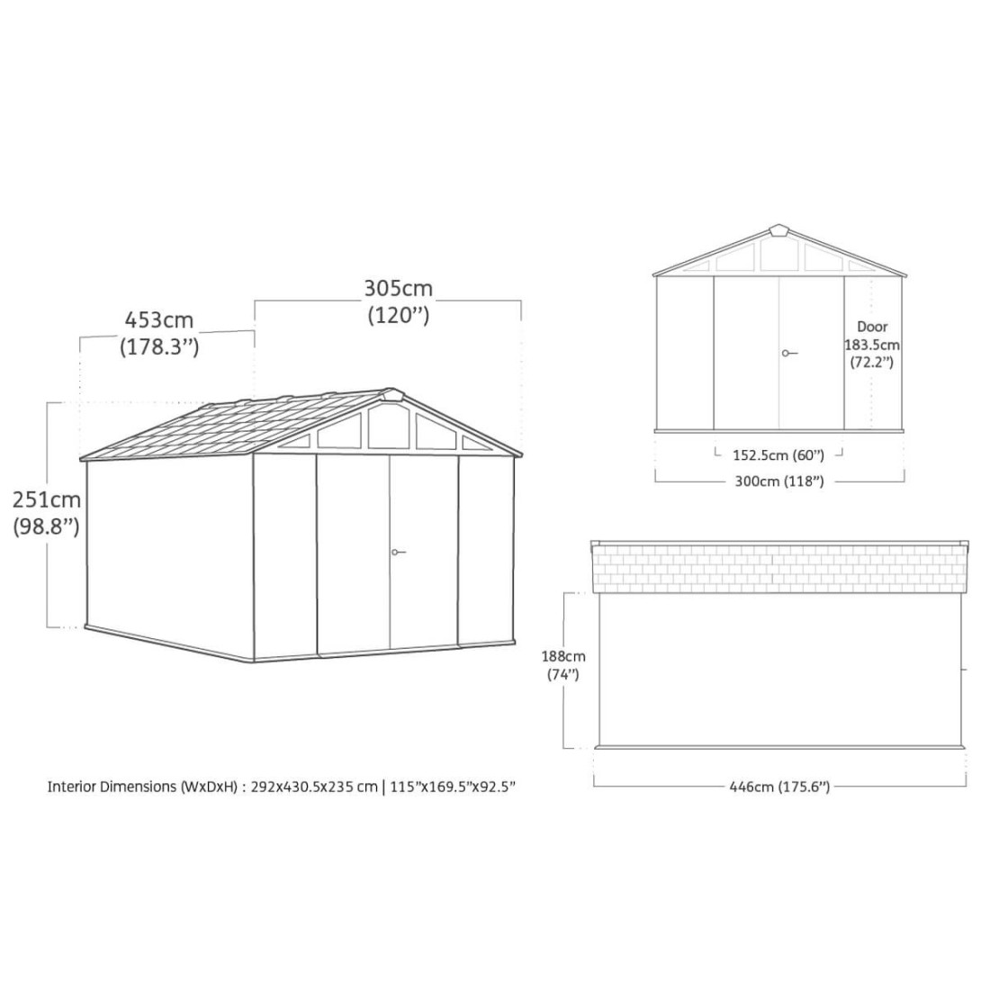 Wymiary domku narzędziowego STRONGHOLD SHED 10x15 szary - Keter