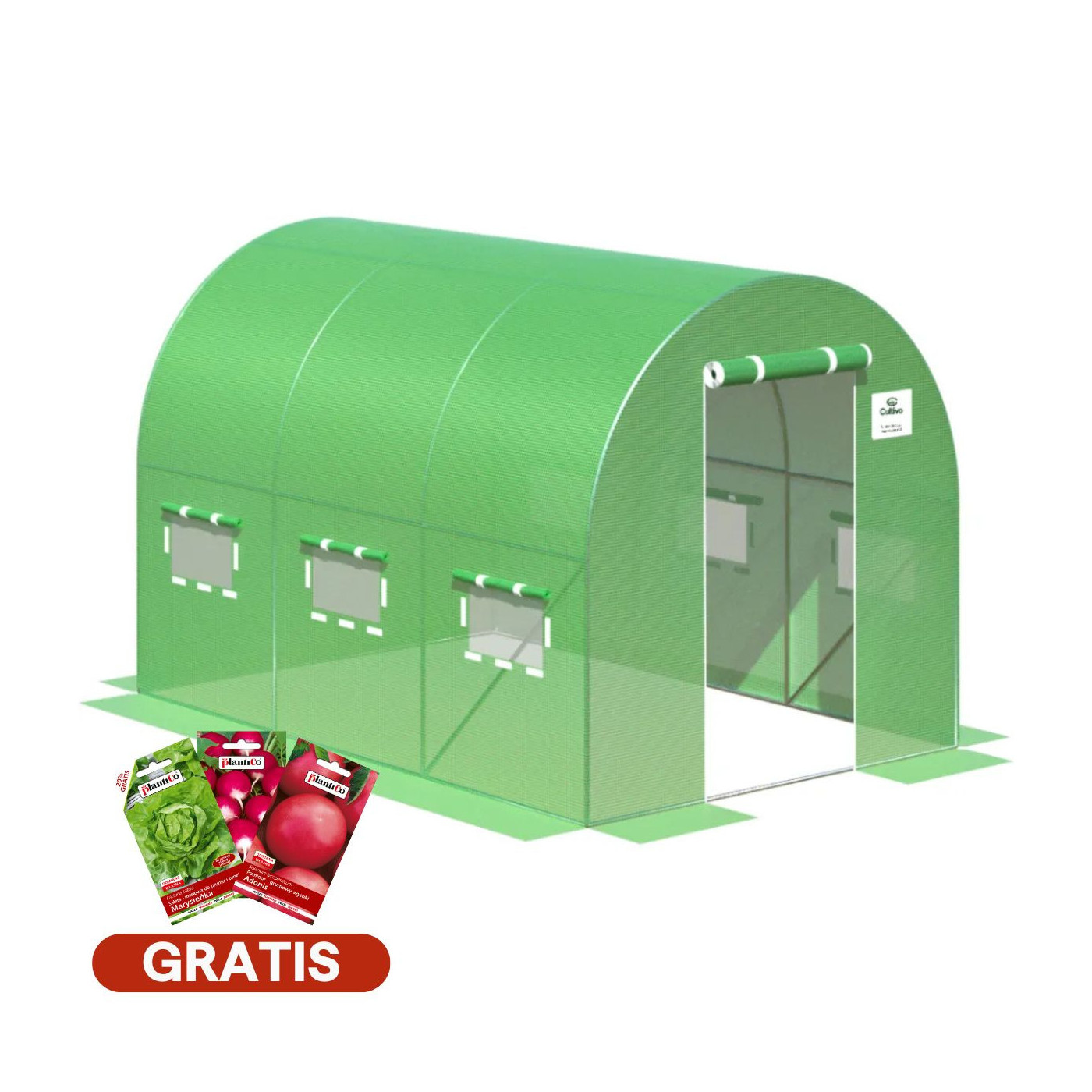 zielony, 3 sekcyjny tunel foliowy z infografiką o darmowych nasionach