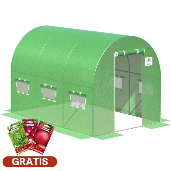 zielony, 3 sekcyjny tunel foliowy z infografiką o darmowych nasionach