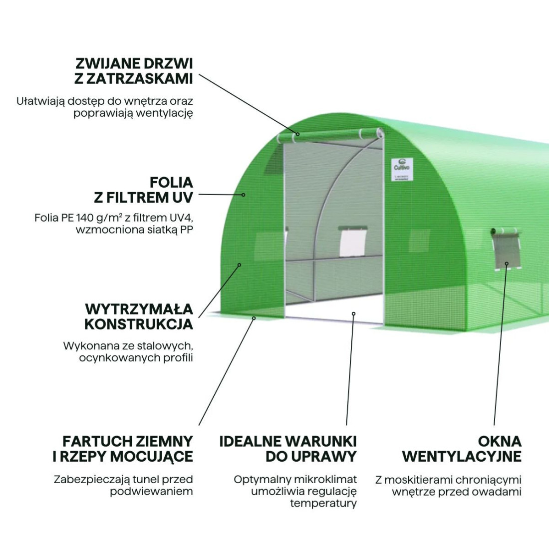 Infografika, zalety tunelu ogrodowego marki Cultivo w kolorze zielonym o wymiarach 18m2