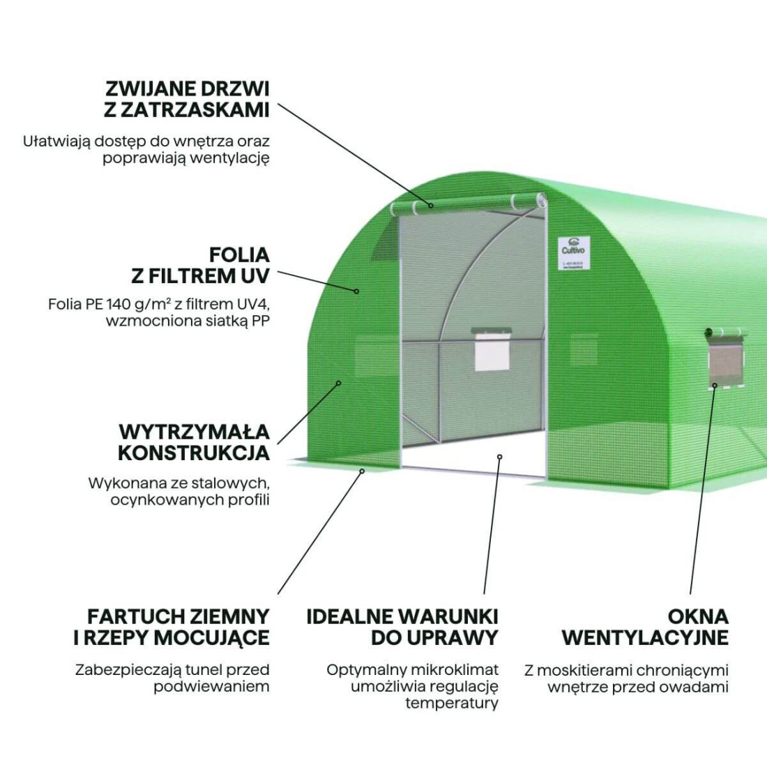 Infografika dotycząca detali tunelu foliowego od Cultivo 13,5m2