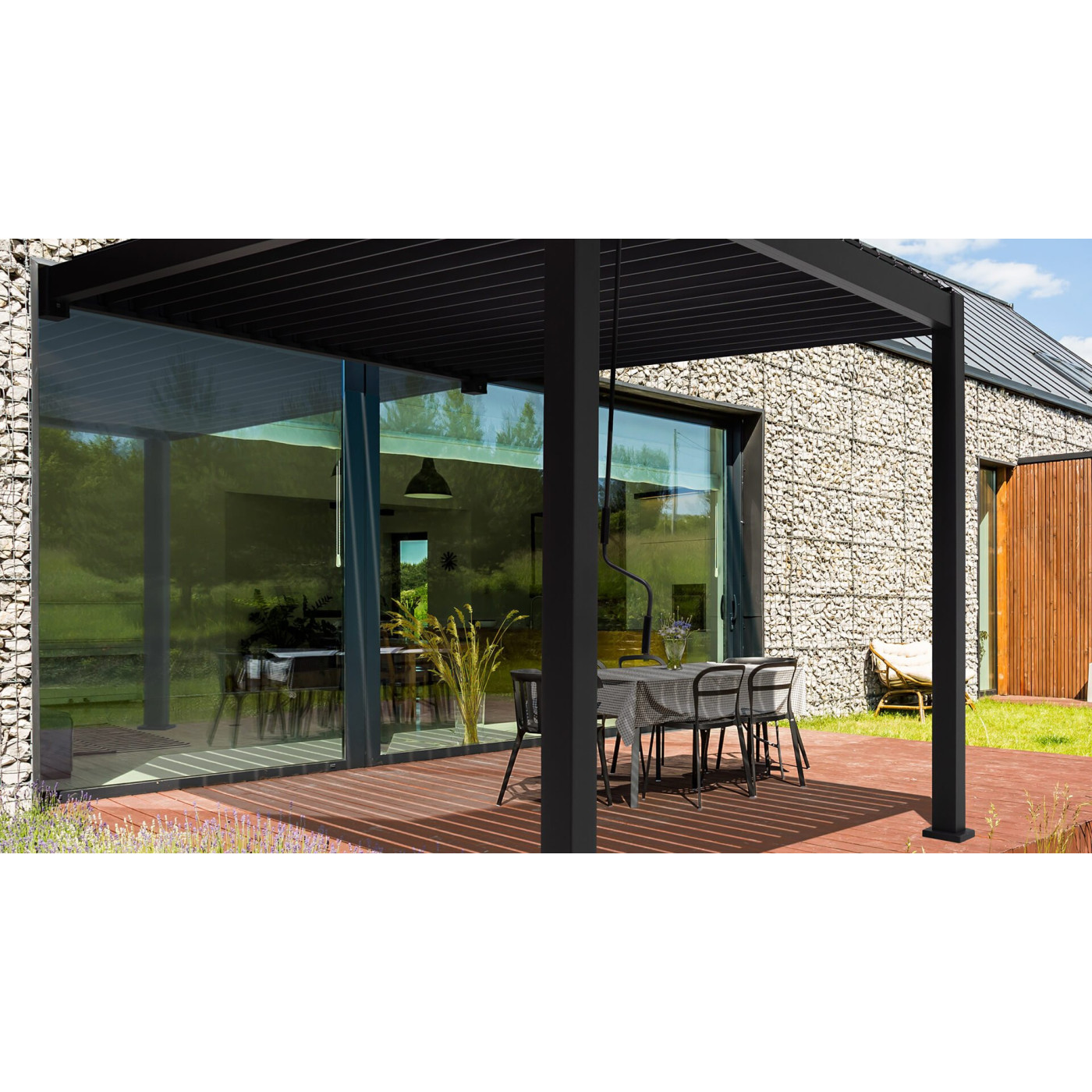 Aranżacja pergoli tarasowej Premium Wall 3x3 Gutroof