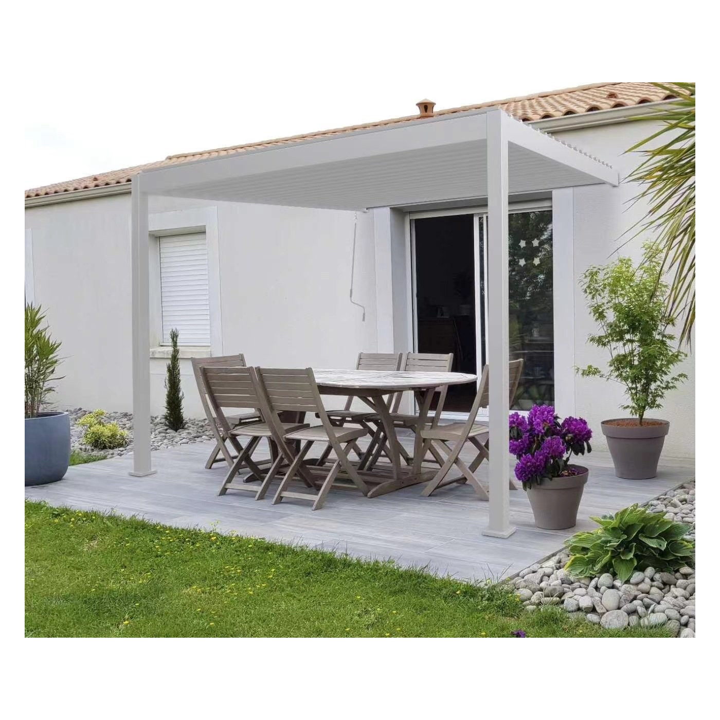 Aranżacja pergoli ścienna ogrodowa na taras Premium Wall 3x4 White Gutroof