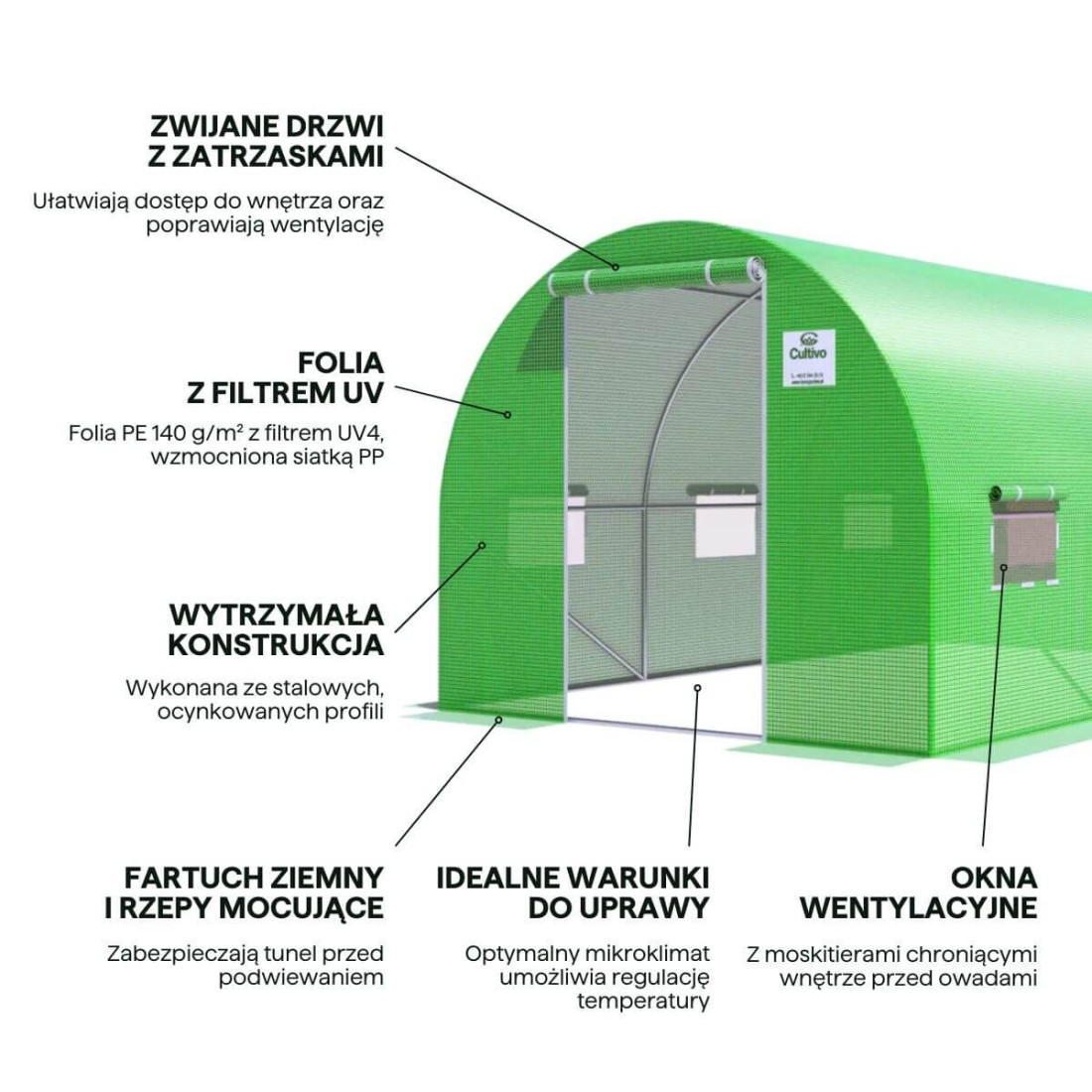 Front tunelu ogrodowego od Cultivo 10m2 w kolorze zielonym