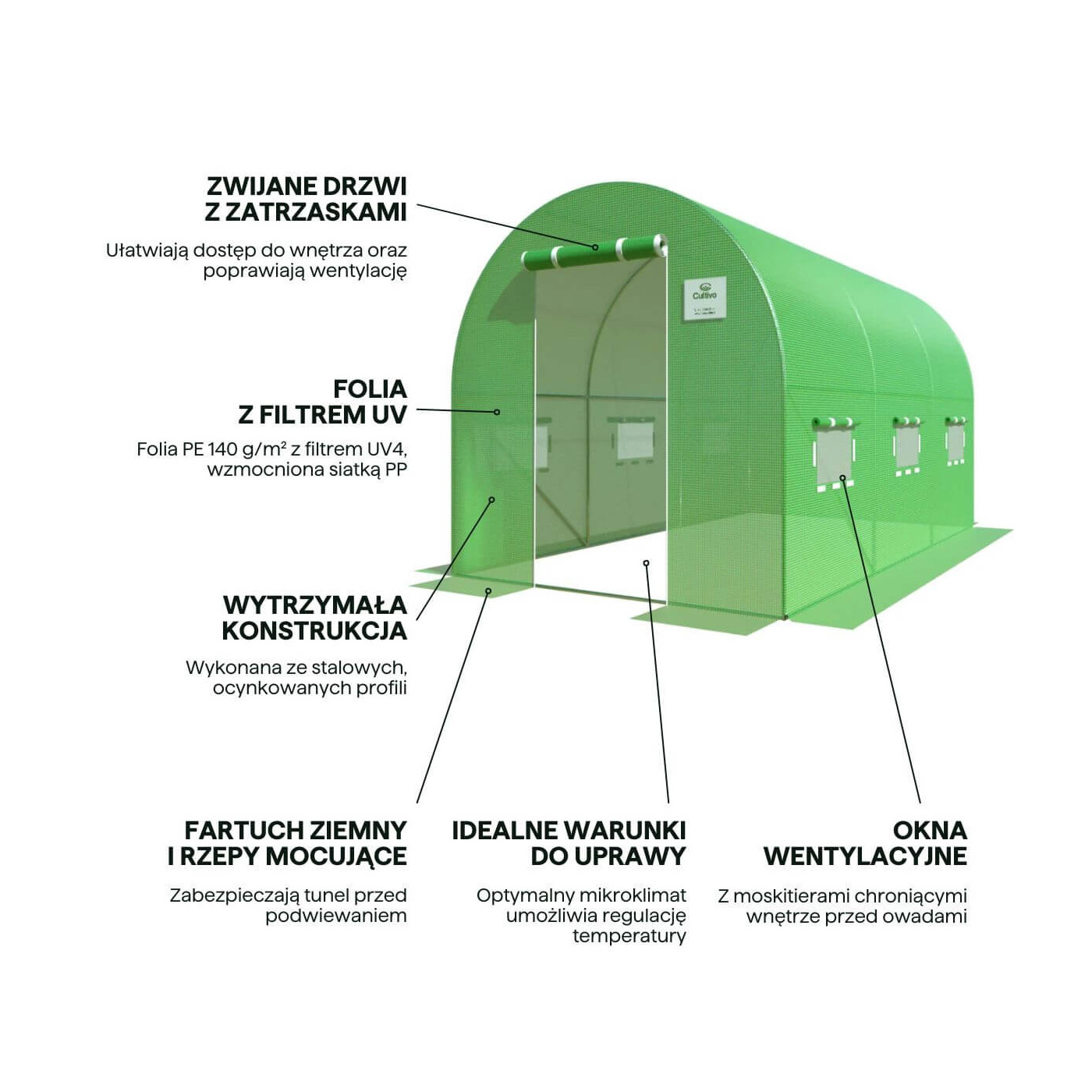 Front tunelu foliowego Cultivo  7m2 zielony