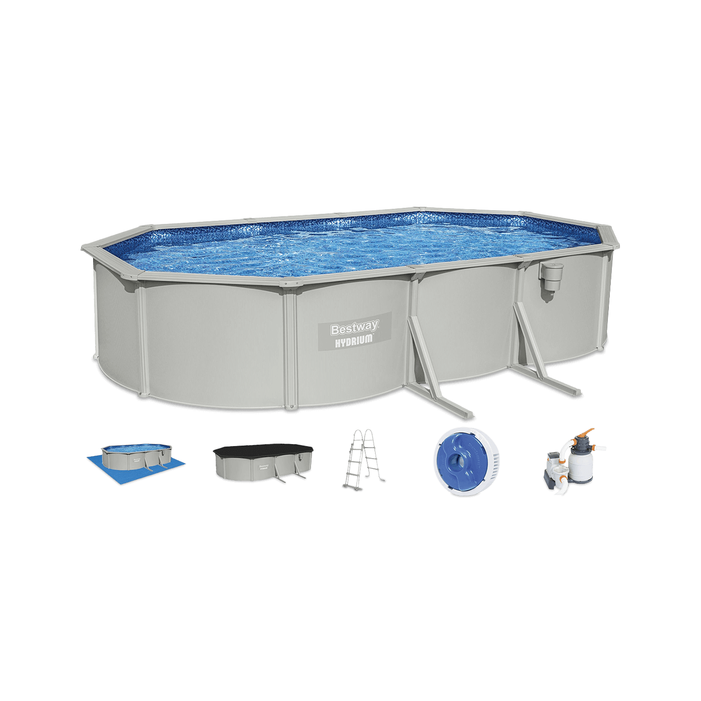 basen naziemny hydrium ze stalową ścianą w zestawie z pokryciem, podkładem, drabiną, dozownikiem i pompą 