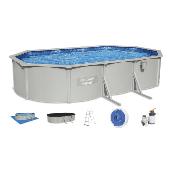 basen naziemny hydrium ze stalową ścianą w zestawie z pokryciem, podkładem, drabiną, dozownikiem i pompą 