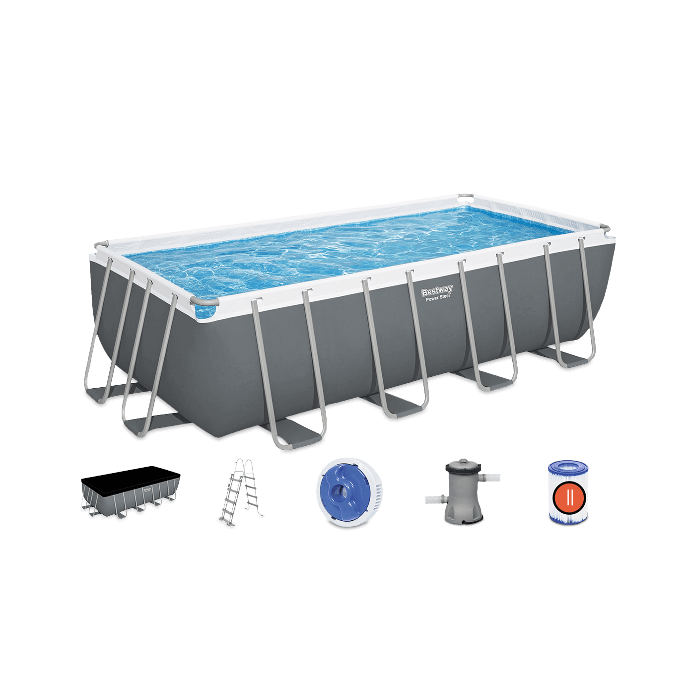 prostokątny basen stelażowy z przykryciem z drabiną z dozownikiem z pompą filtrującą i filtrami