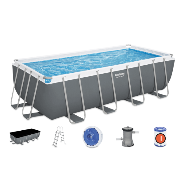 prostokątny basen stelażowy z przykryciem z drabiną z dozownikiem z pompą filtrującą i filtrami