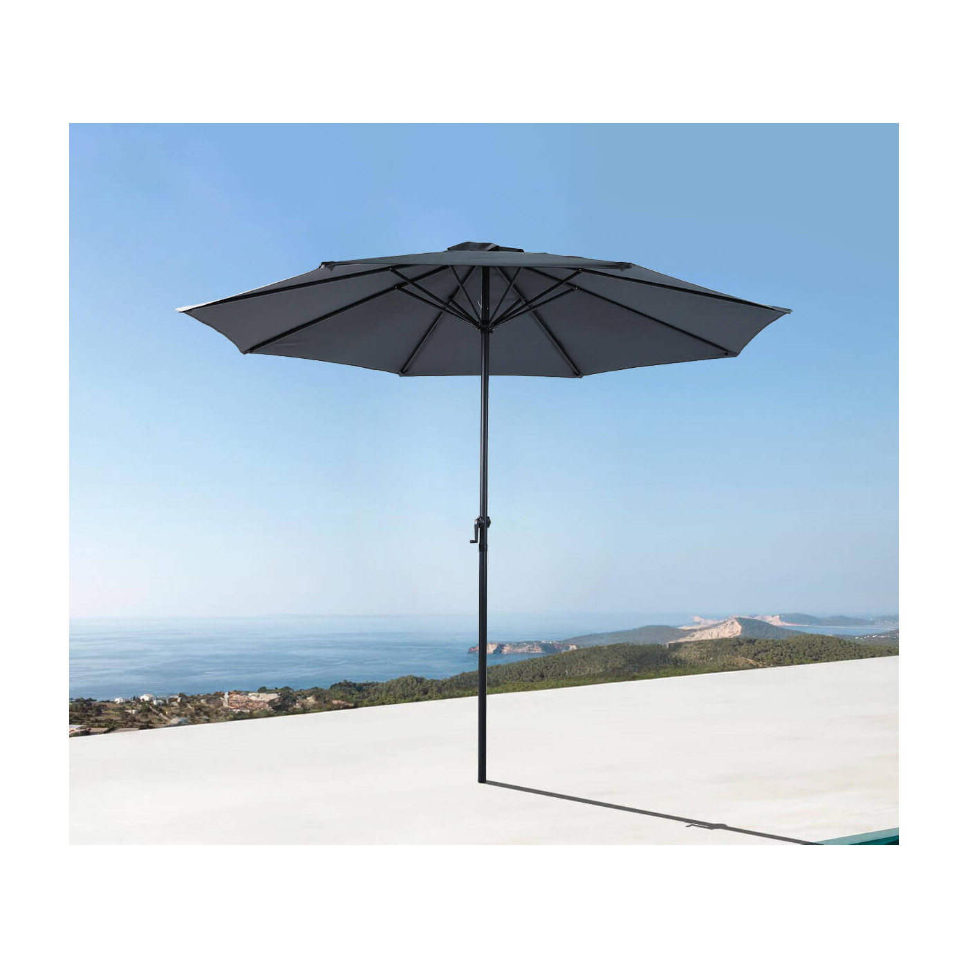 Wizualizacja parasola Moorea od firmy Focus Garden na tle oceanu