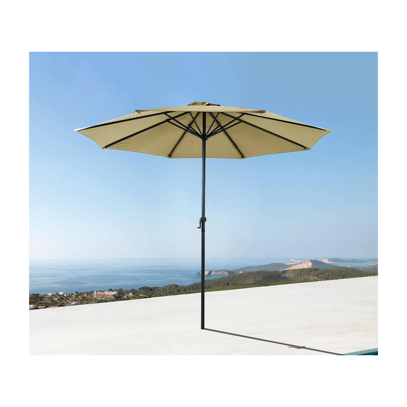 Wizualizacja parasola Moorea od firmy Focus Garden na tle oceanu