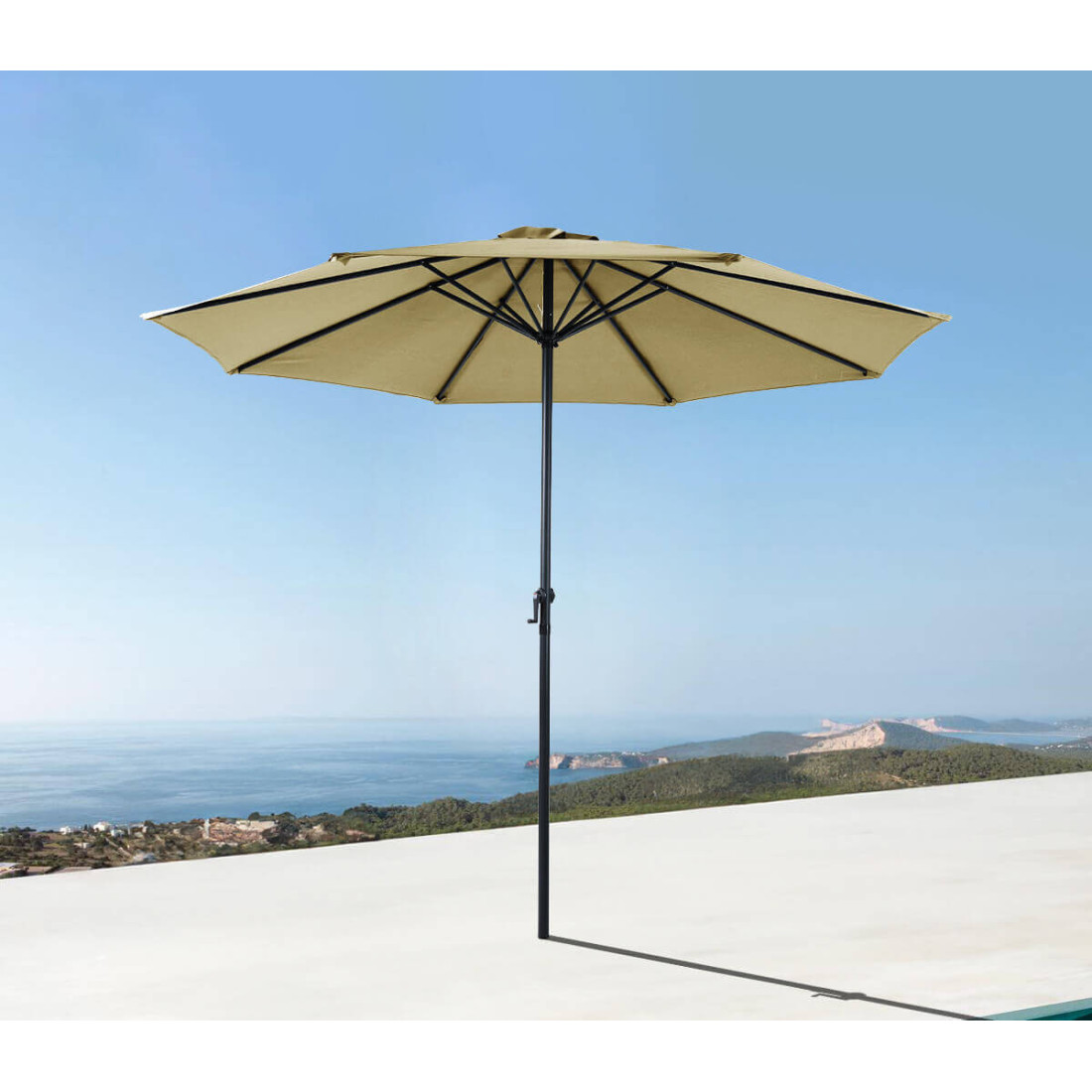 Wizualizacja parasola Moorea od firmy Focus Garden na tle oceanu