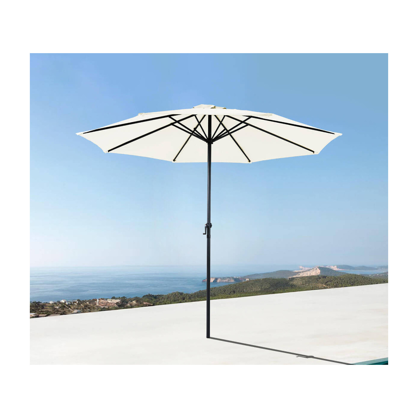 Wizualizacja parasola Moorea od firmy Focus Garden na tle oceanu