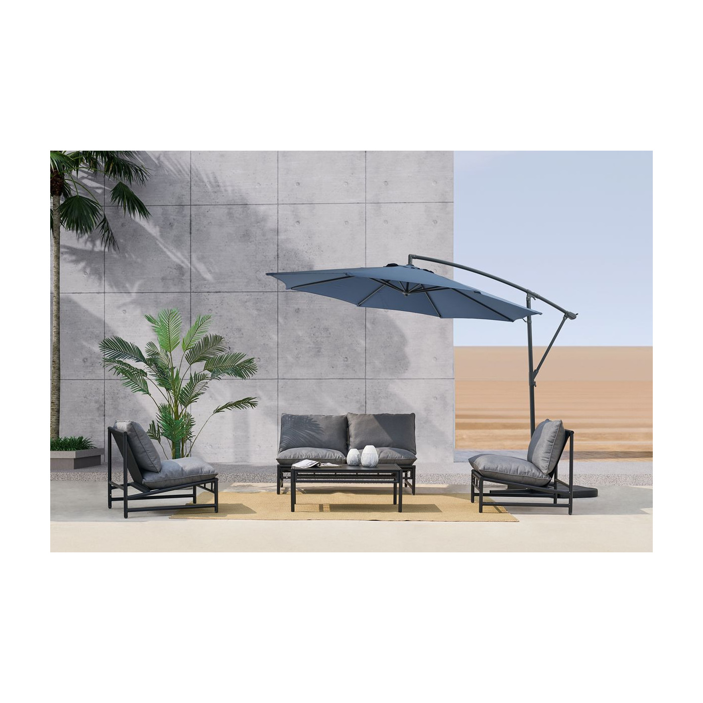 aranżacja granatowego parasola ogrodowego santorini