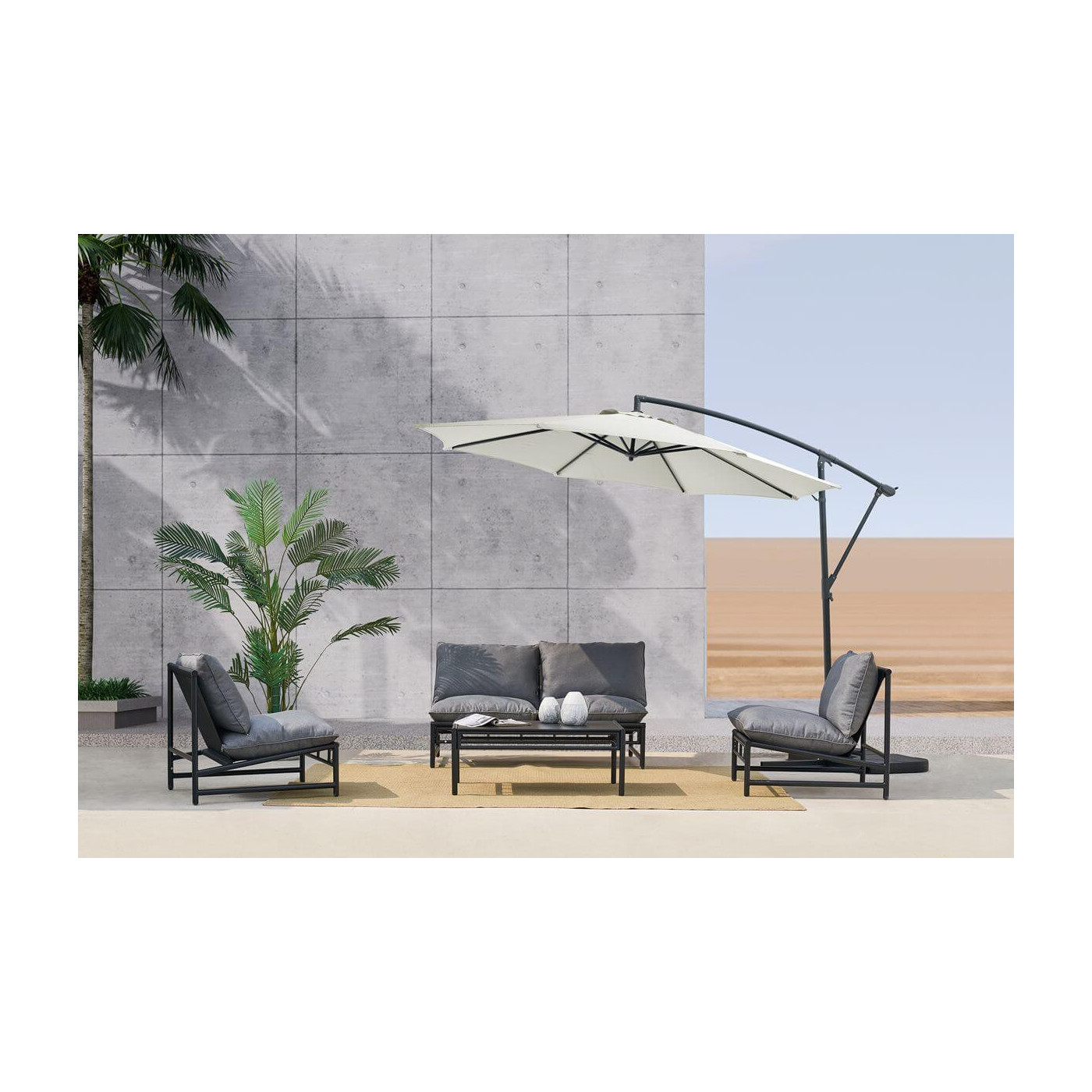 aranżacja beżowego parasola ogrodowego santorini