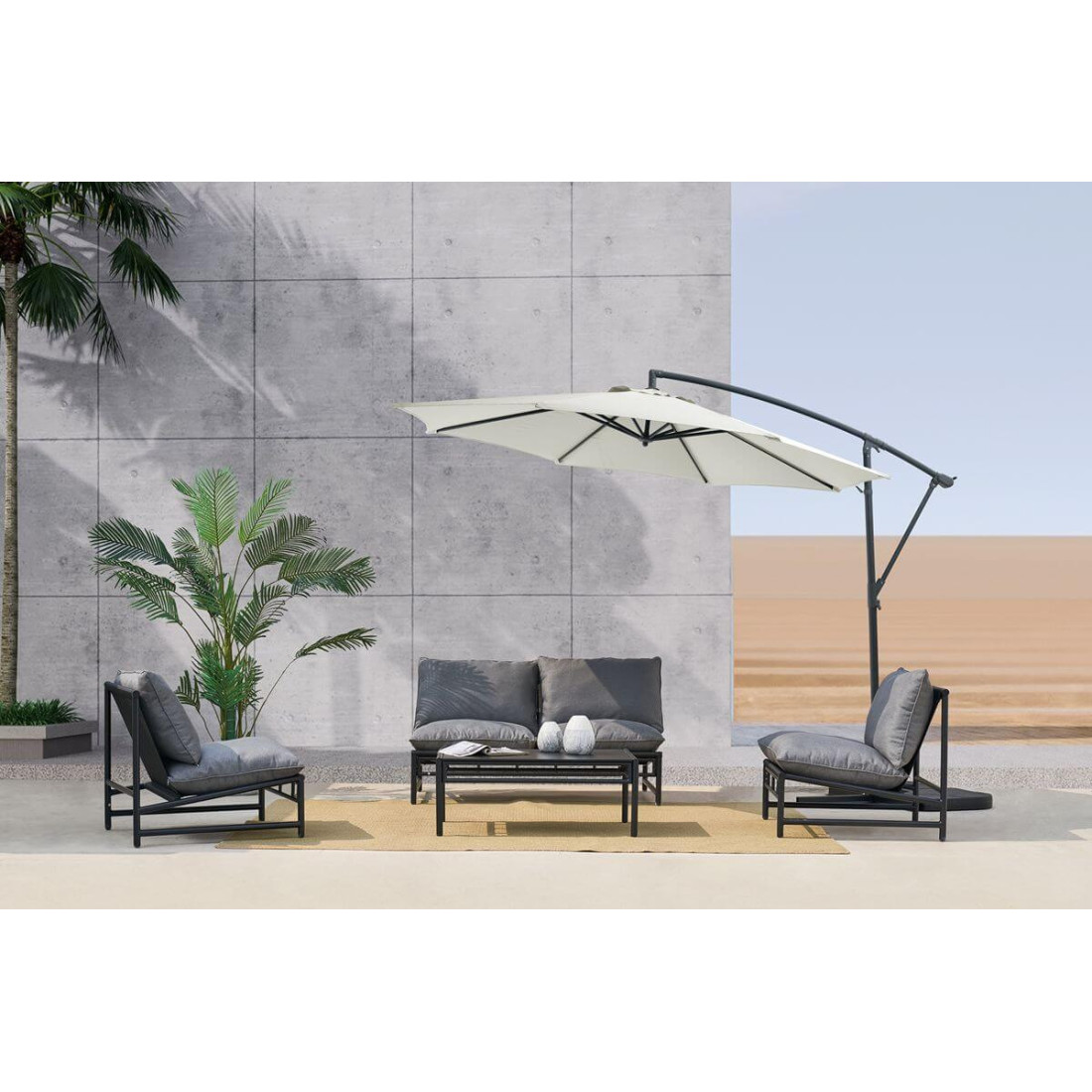 aranżacja beżowego parasola ogrodowego santorini