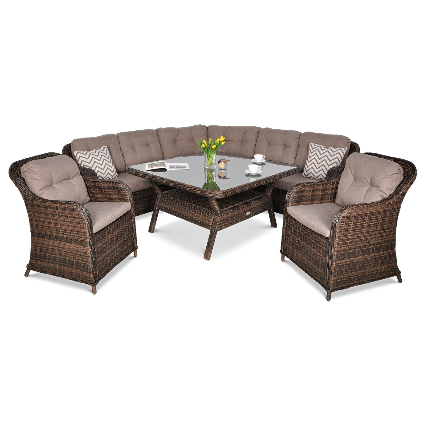 Ekskluzywny zestaw narożny jadalniany SAVONA w odcieniach brązu - Narożnik, stól jadalniany z szkalnym blatem i dwa fotele