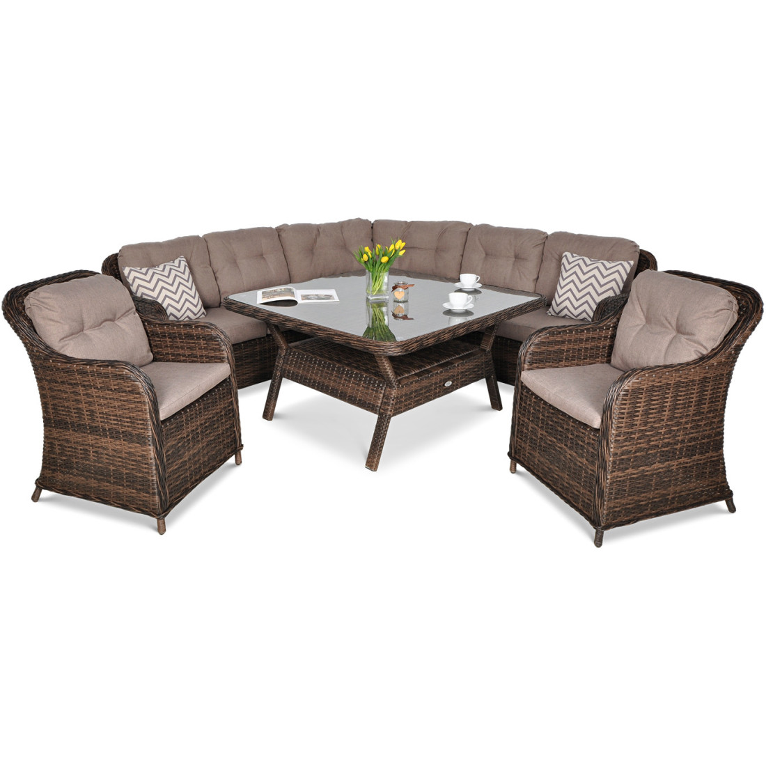 Ekskluzywny zestaw narożny jadalniany SAVONA w odcieniach brązu - Narożnik, stól jadalniany z szkalnym blatem i dwa fotele