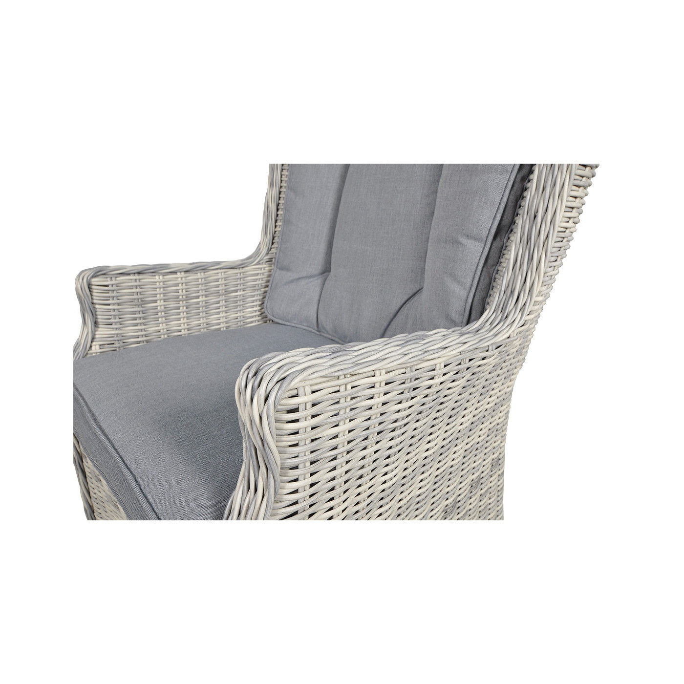 Zbliżenie na fotel RAVENA widoczna konstrukcja w kolorze białym i poduszki fotela w kolorze szarrym