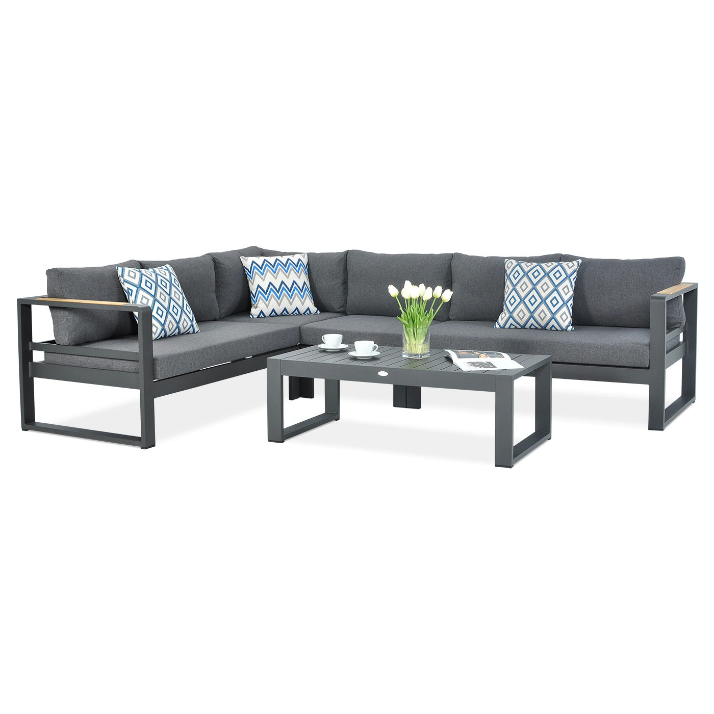 Zestaw narożny PANAMA z aluminium w kolorze antracytu - Narożnik i stolik kawowy idealne na taras