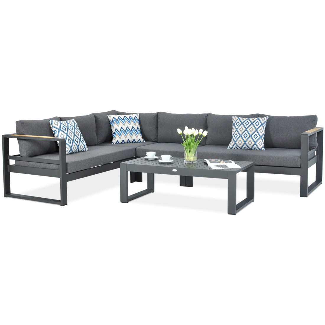 Zestaw narożny PANAMA z aluminium w kolorze antracytu - Narożnik i stolik kawowy idealne na taras