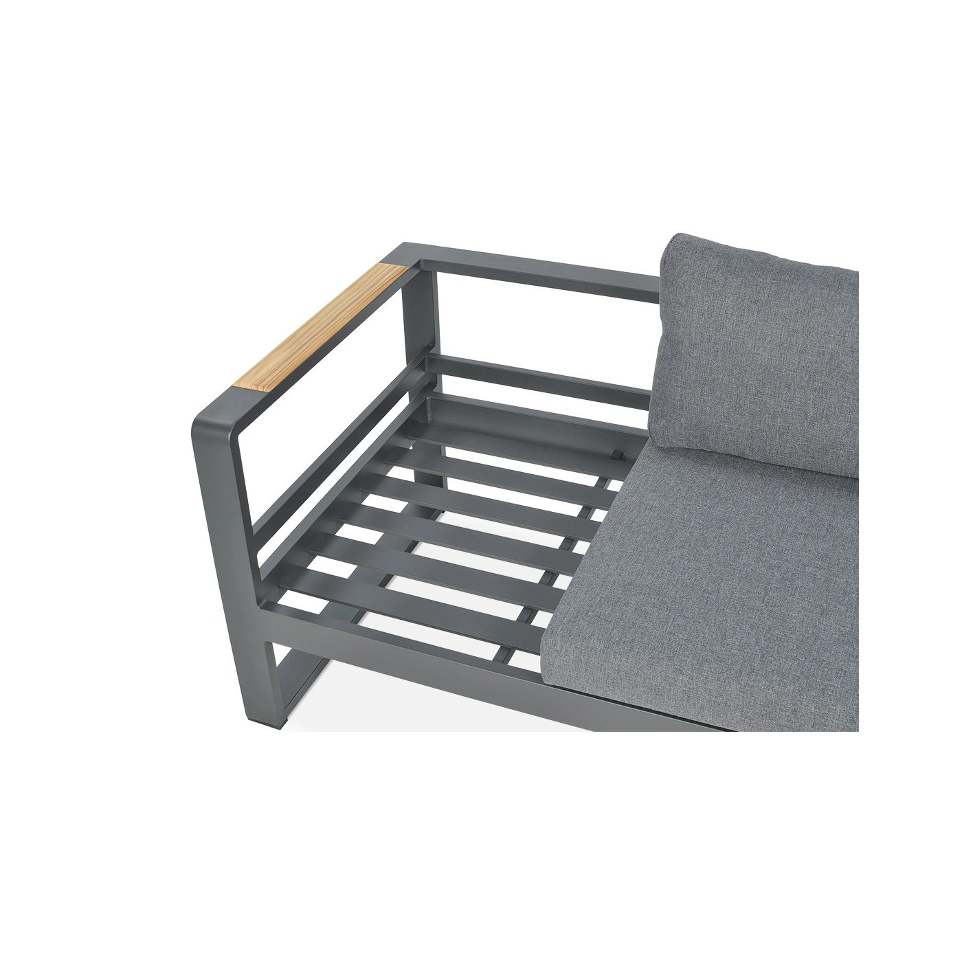 Widok z góry na konstrukcję aluminową narożnika PANAMA, na podłokietniku narożnika widoczne drewno tekowe