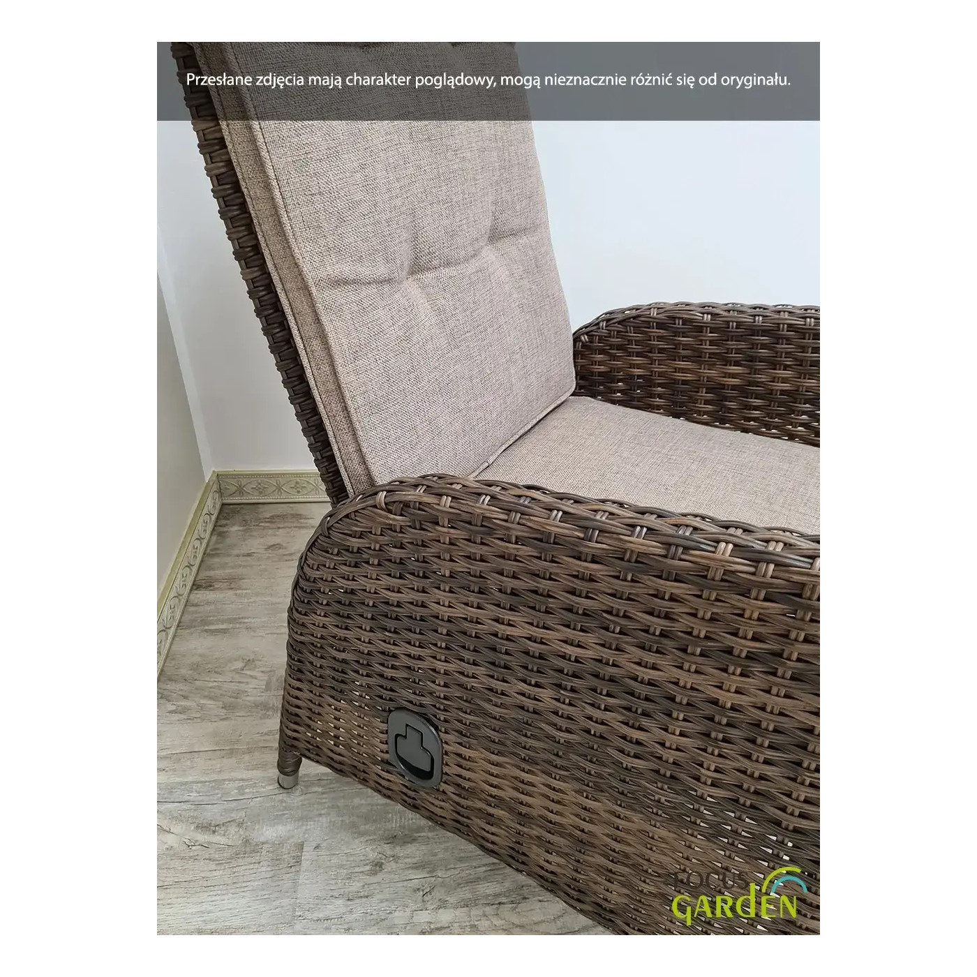 Zbliżenie na fotel z zestawu MALTA DUO - widoczna technorattanowa plecionka jak i poduszki fotela