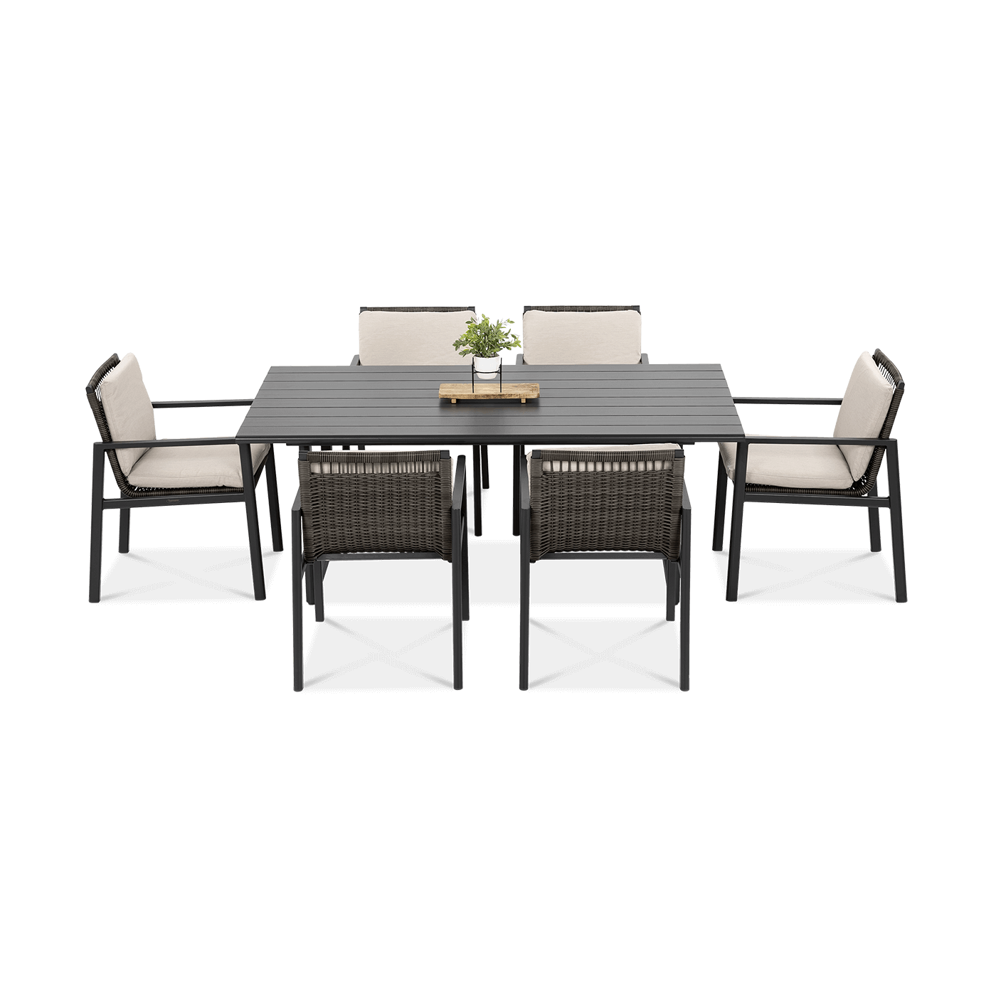 zestaw obiadowy LOTUS Dining z aluminiową ramą i stołem w ciemnym szarym kolorze i poduszkami w odcieniach jasnej szarości