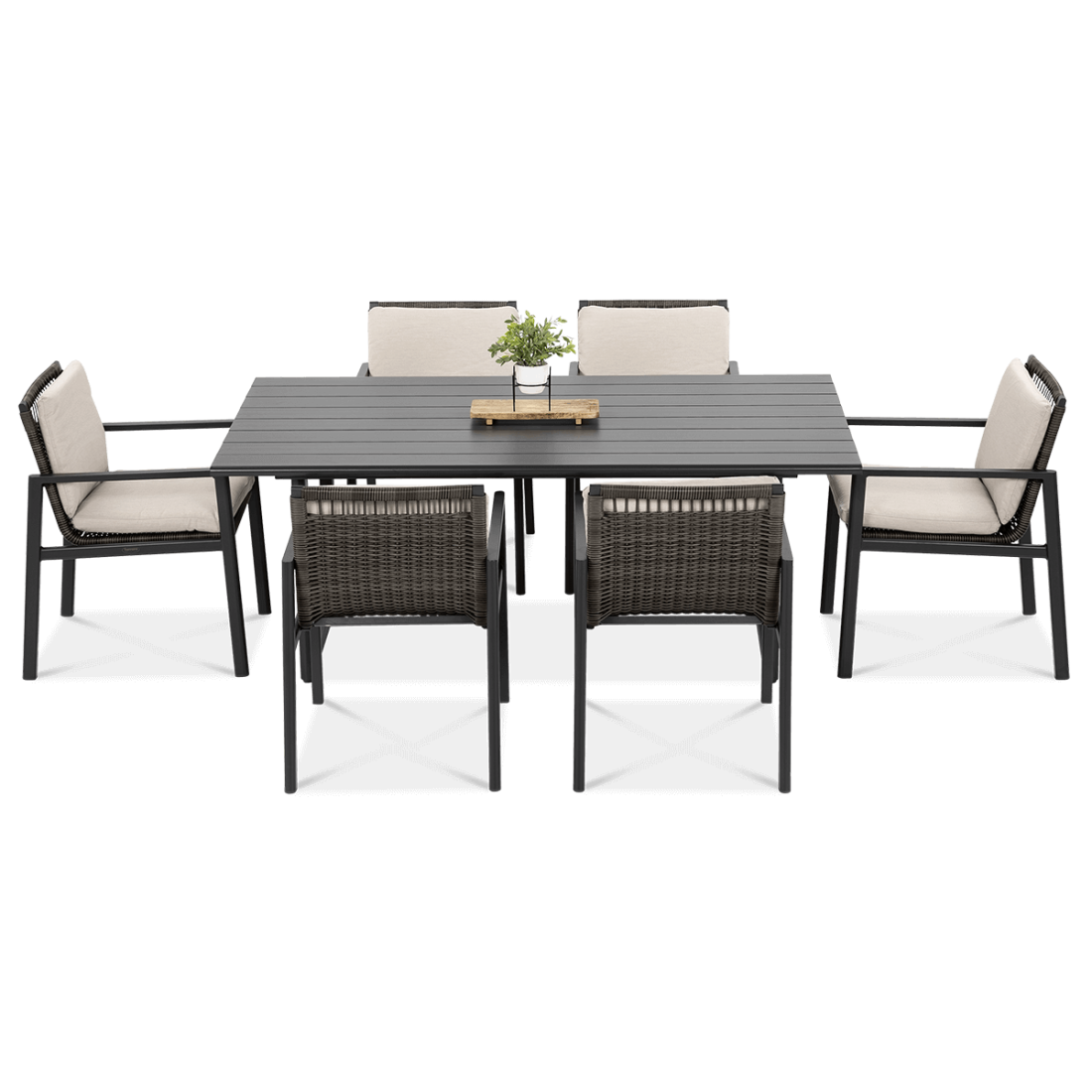 zestaw obiadowy LOTUS Dining z aluminiową ramą i stołem w ciemnym szarym kolorze i poduszkami w odcieniach jasnej szarości